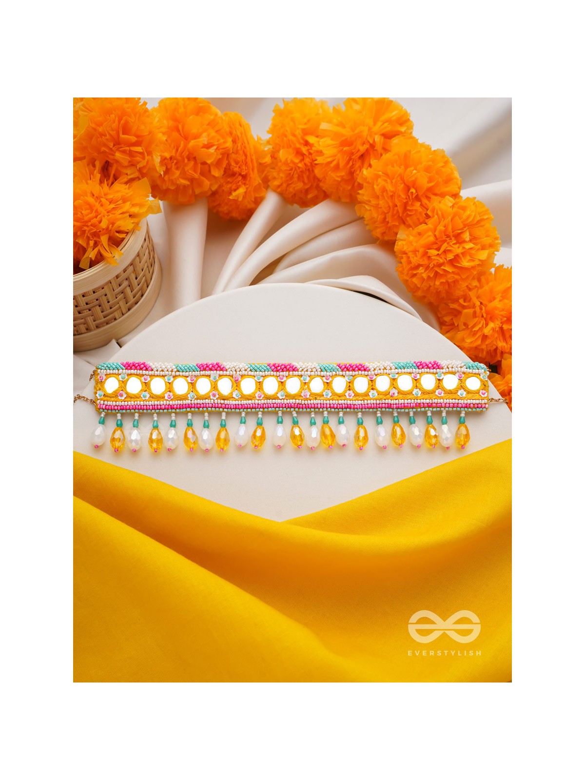 Suvarna - The Golden Stunner - Mirror, Lace And Beads Hand Embroidered Choker Neckpiece