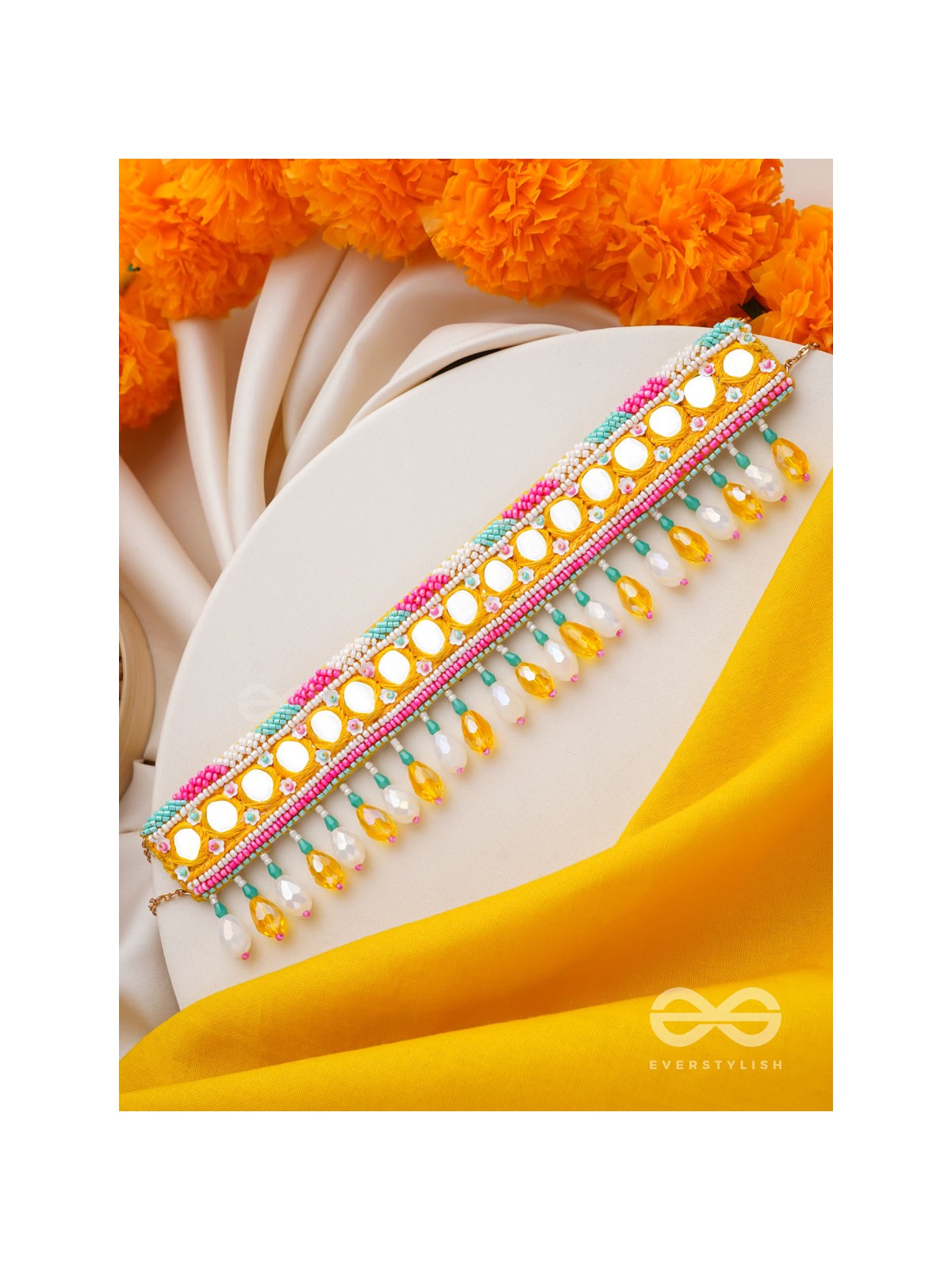 Suvarna - The Golden Stunner - Mirror, Lace And Beads Hand Embroidered Choker Neckpiece