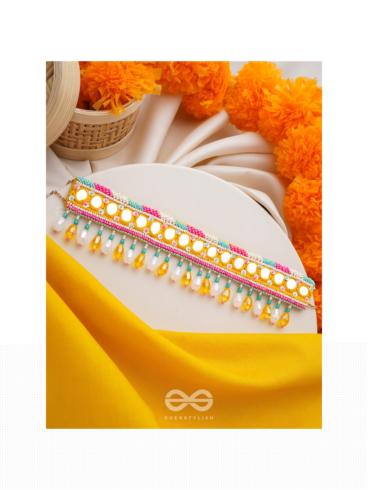 Suvarna - The Golden Stunner - Mirror, Lace And Beads Hand Embroidered Choker Neckpiece