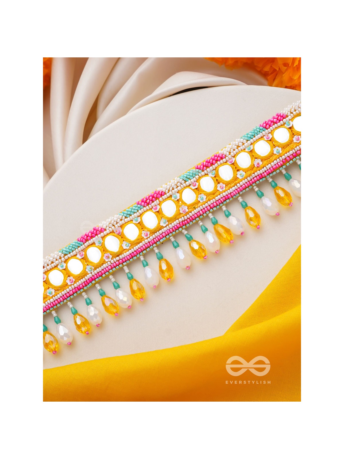 Suvarna - The Golden Stunner - Mirror, Lace And Beads Hand Embroidered Choker Neckpiece