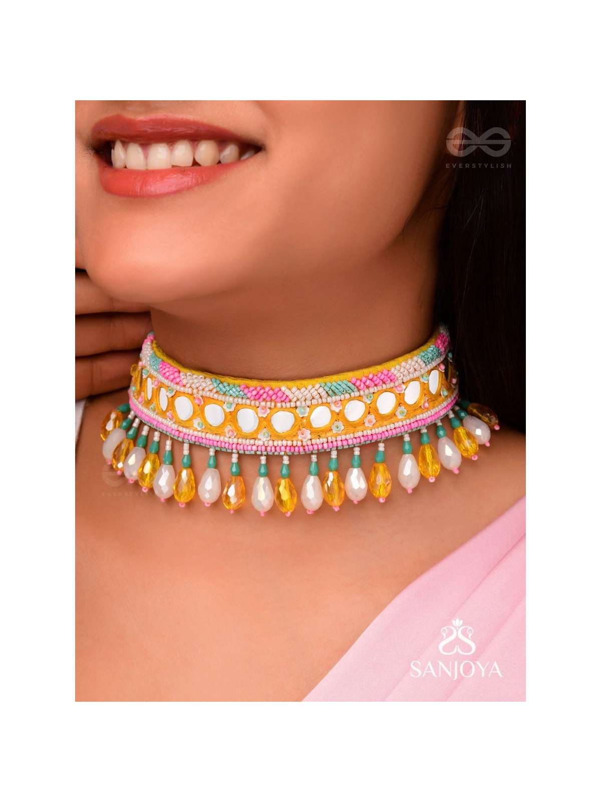 Suvarna - The Golden Stunner - Mirror, Lace And Beads Hand Embroidered Choker Neckpiece