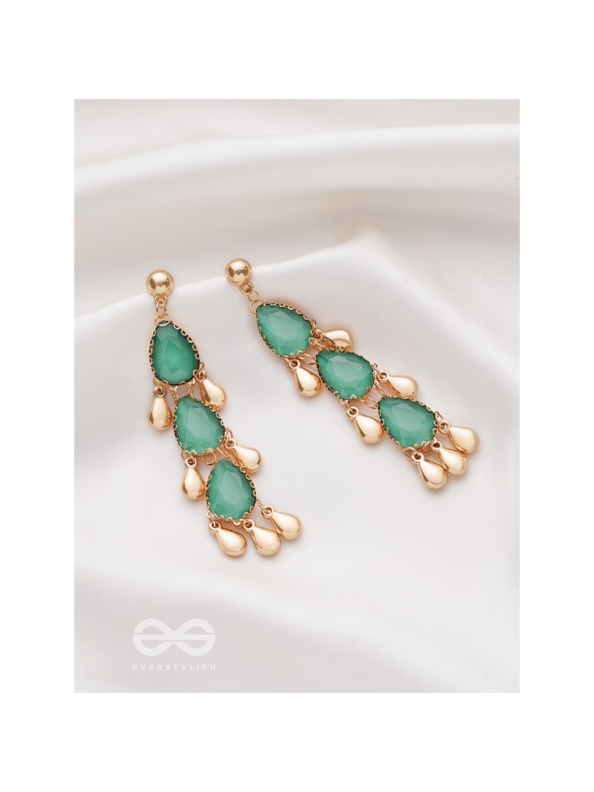 The Emerald Elegance- Golden Embellished Earrings