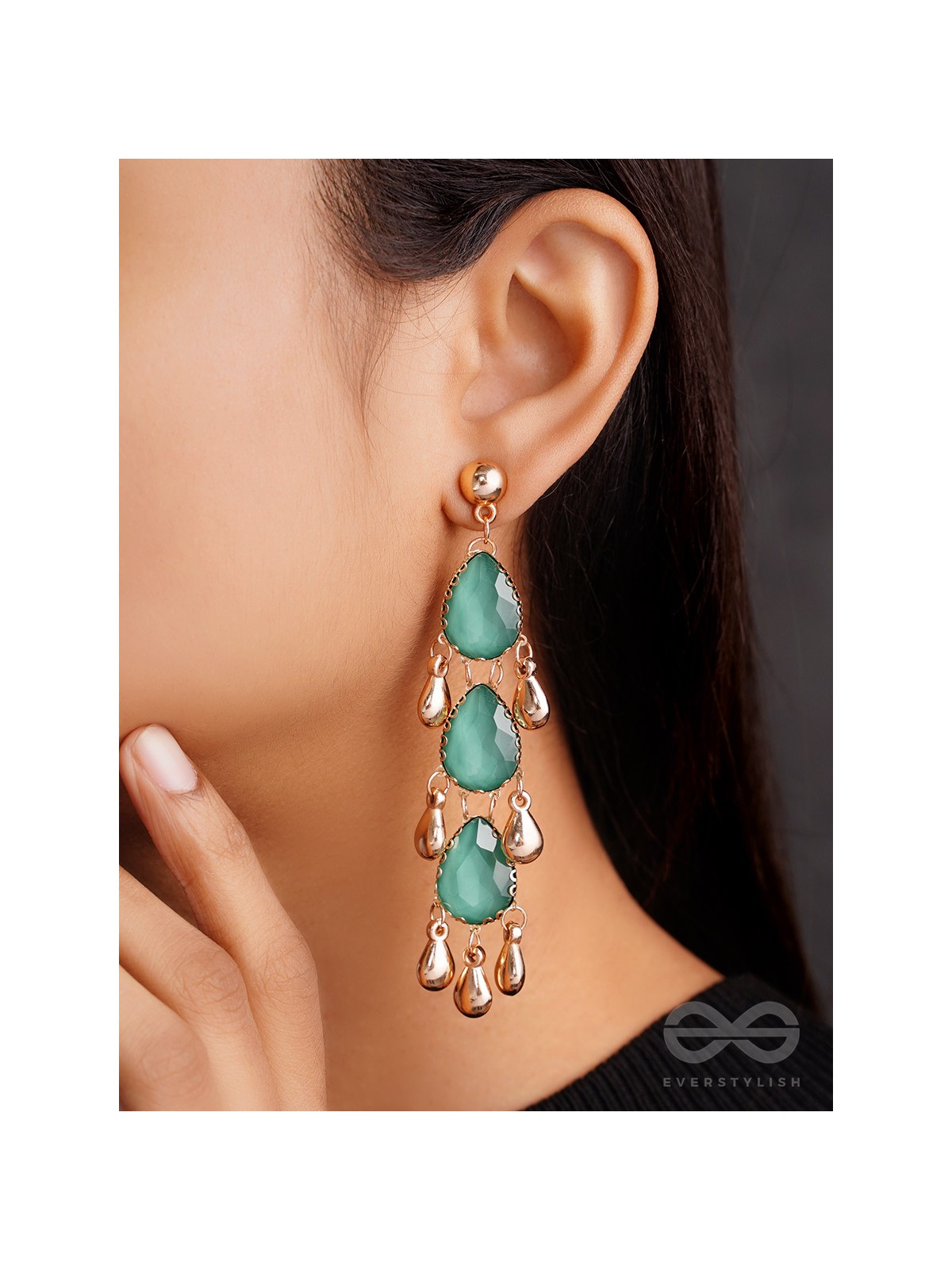 The Emerald Elegance- Golden Embellished Earrings