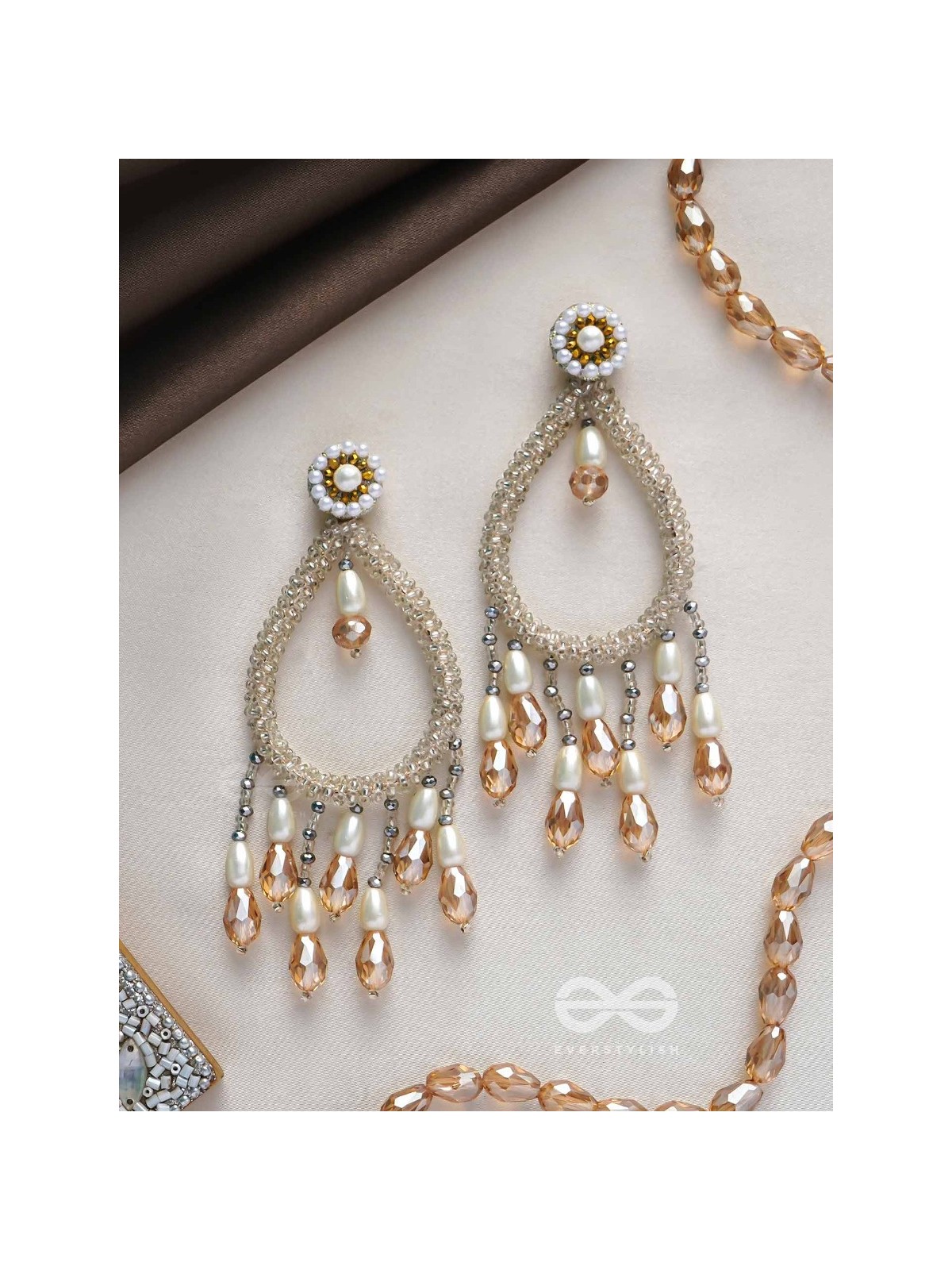Ashvasya - The Boundless Beauty -  Pearl And Glass Drops Hand Embroidered Earrings (White)