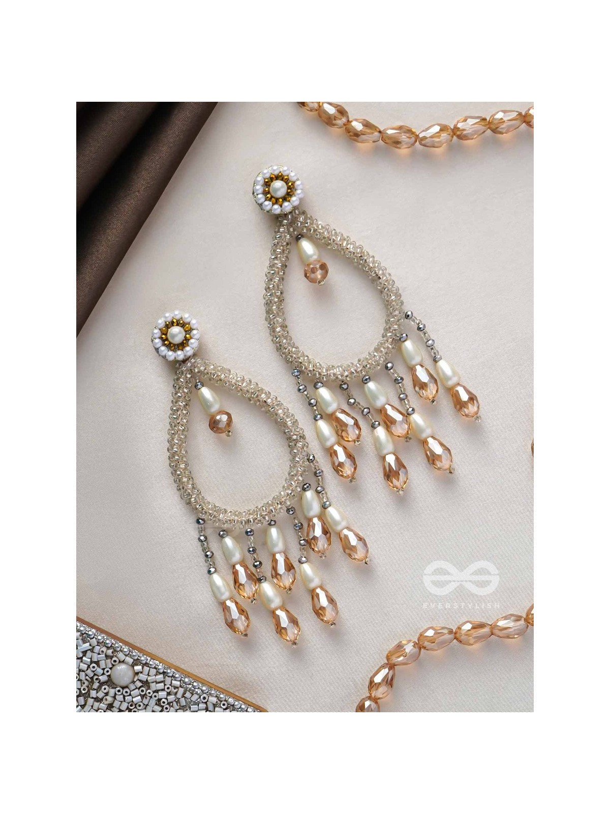Ashvasya - The Boundless Beauty -  Pearl And Glass Drops Hand Embroidered Earrings (White)
