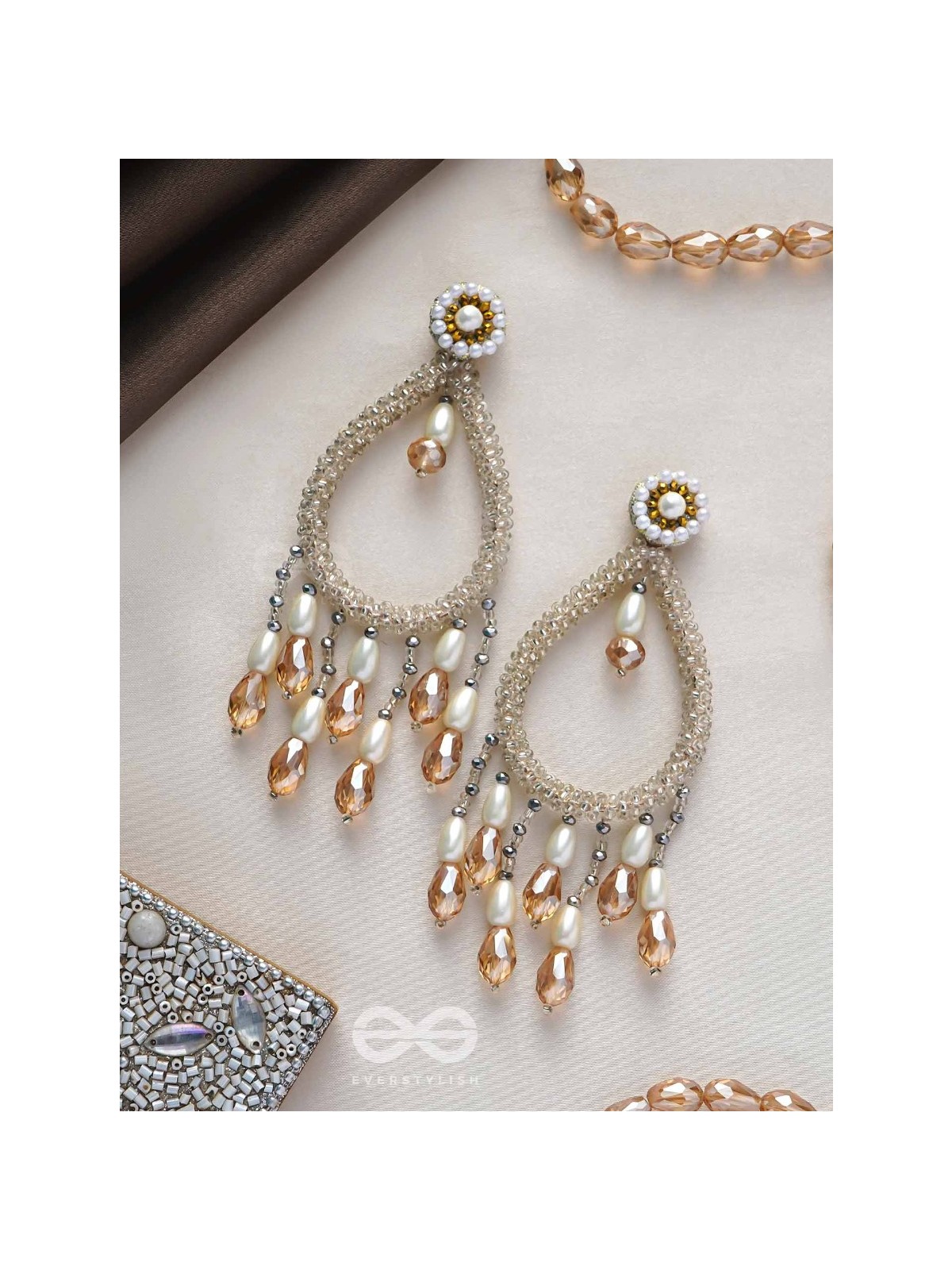 Ashvasya - The Boundless Beauty -  Pearl And Glass Drops Hand Embroidered Earrings (White)