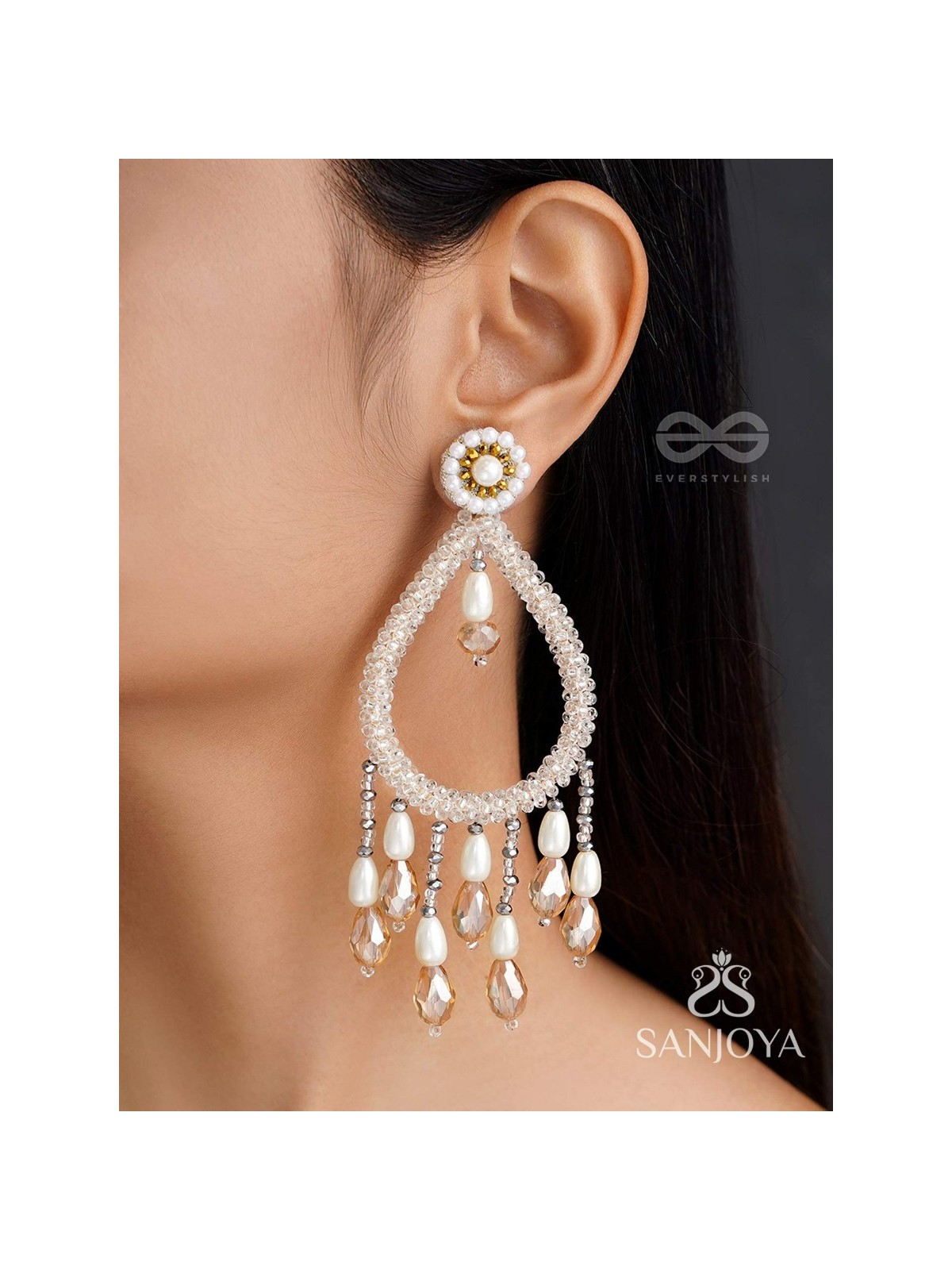 Ashvasya - The Boundless Beauty -  Pearl And Glass Drops Hand Embroidered Earrings (White)