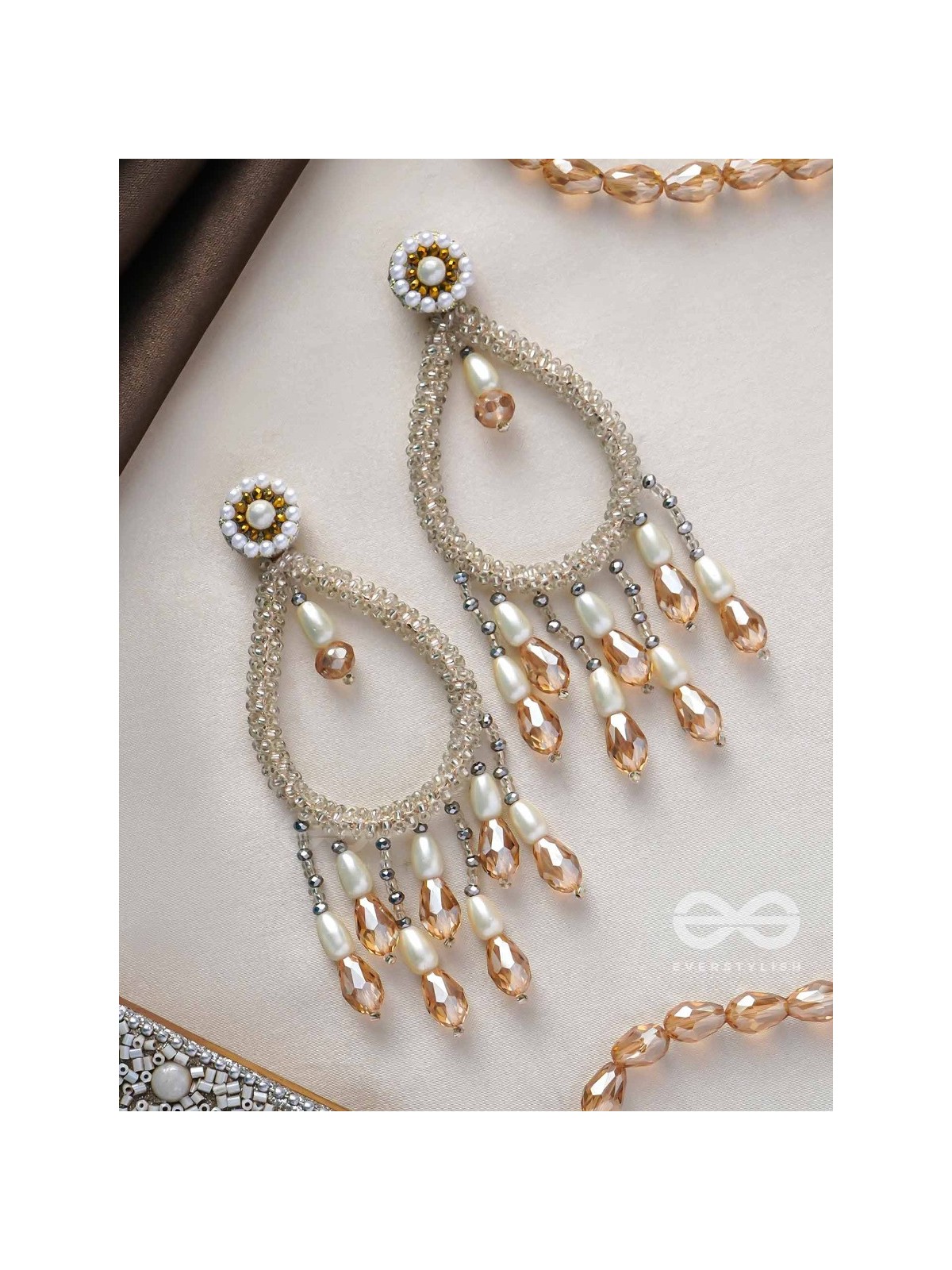 Ashvasya - The Boundless Beauty -  Pearl And Glass Drops Hand Embroidered Earrings (White)