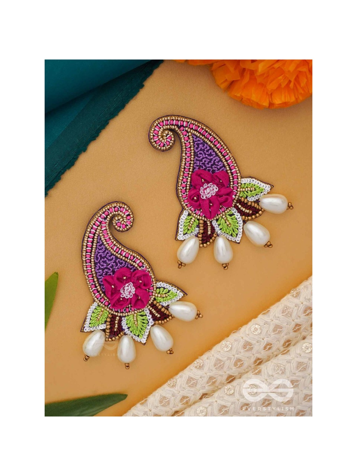 Aabharita- The Ornamented- Resham and Pearls Embroidered Earrings