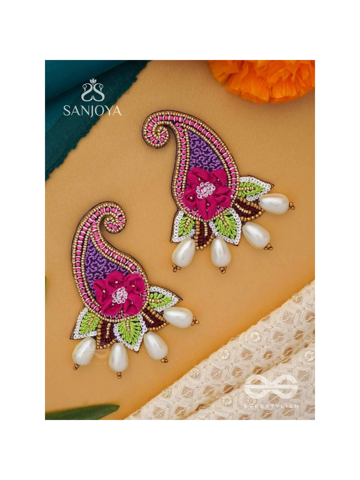 Aabharita- The Ornamented- Resham and Pearls Embroidered Earrings