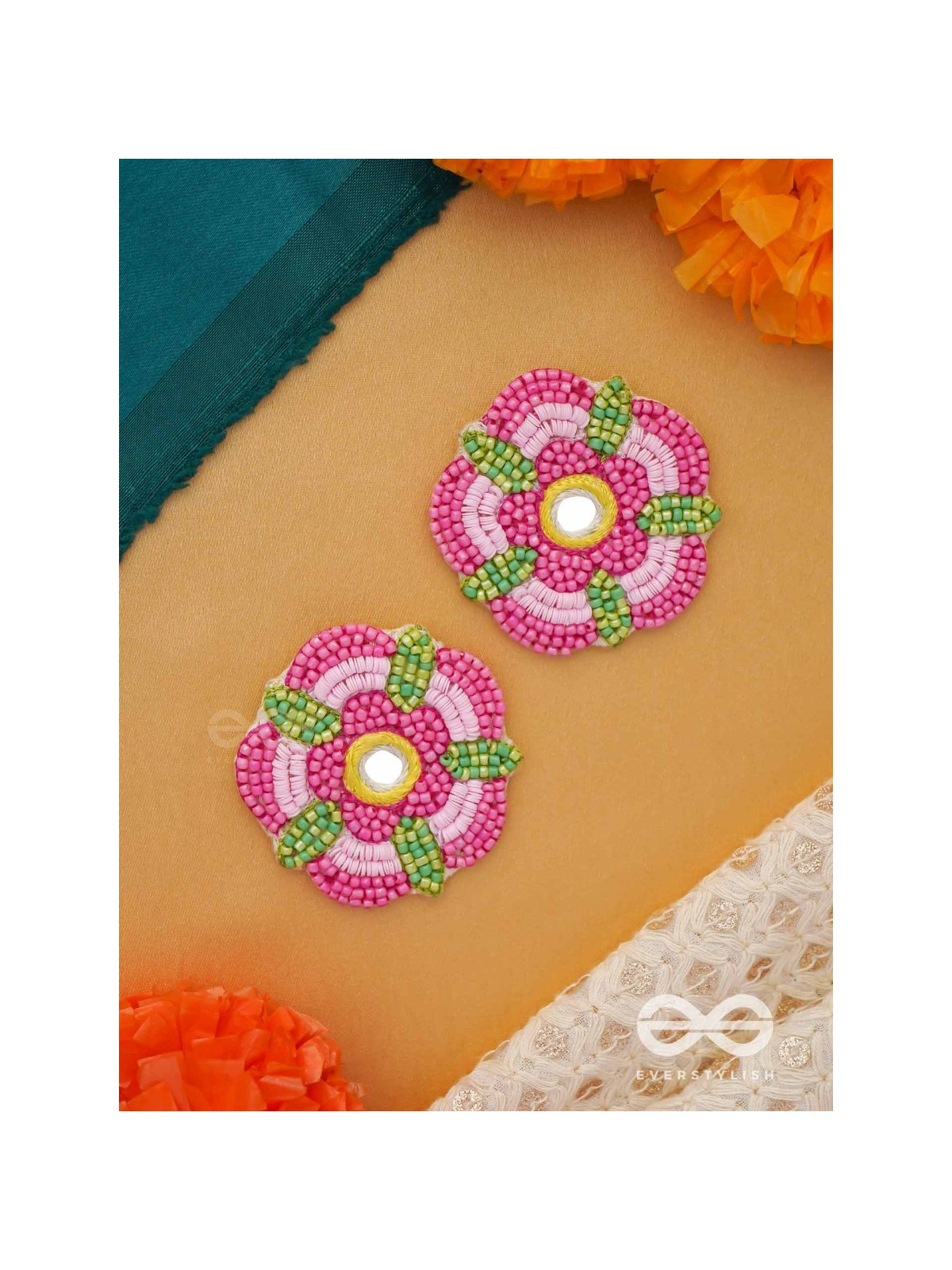 Saumana- The Pink Blossom- Resham and Mirror Embroidered Earrings
