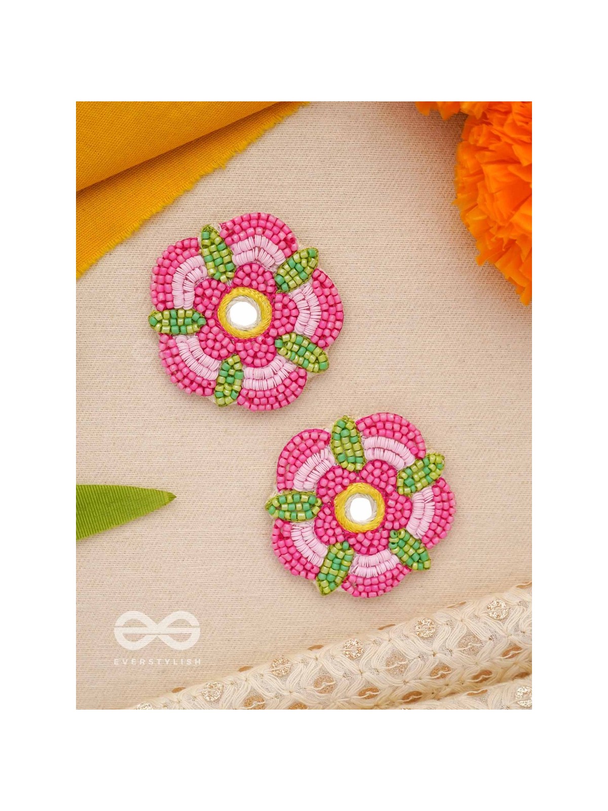 Saumana- The Pink Blossom- Resham and Mirror Embroidered Earrings