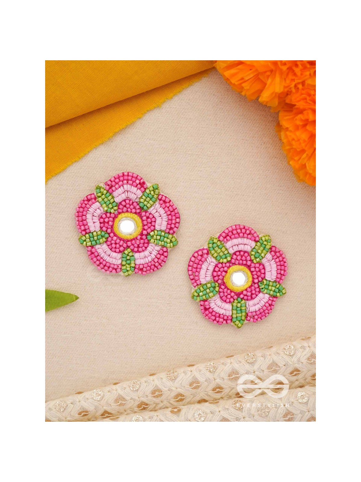 Saumana- The Pink Blossom- Resham and Mirror Embroidered Earrings
