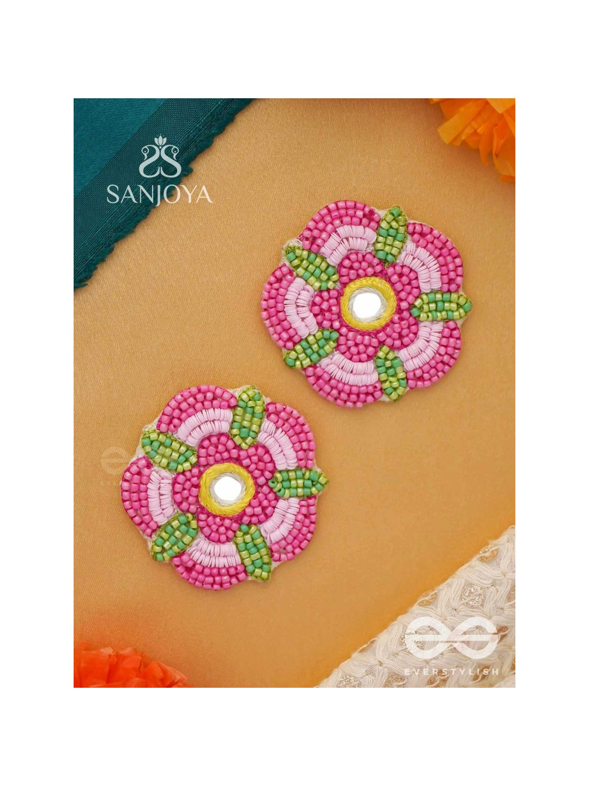 Saumana- The Pink Blossom- Resham and Mirror Embroidered Earrings