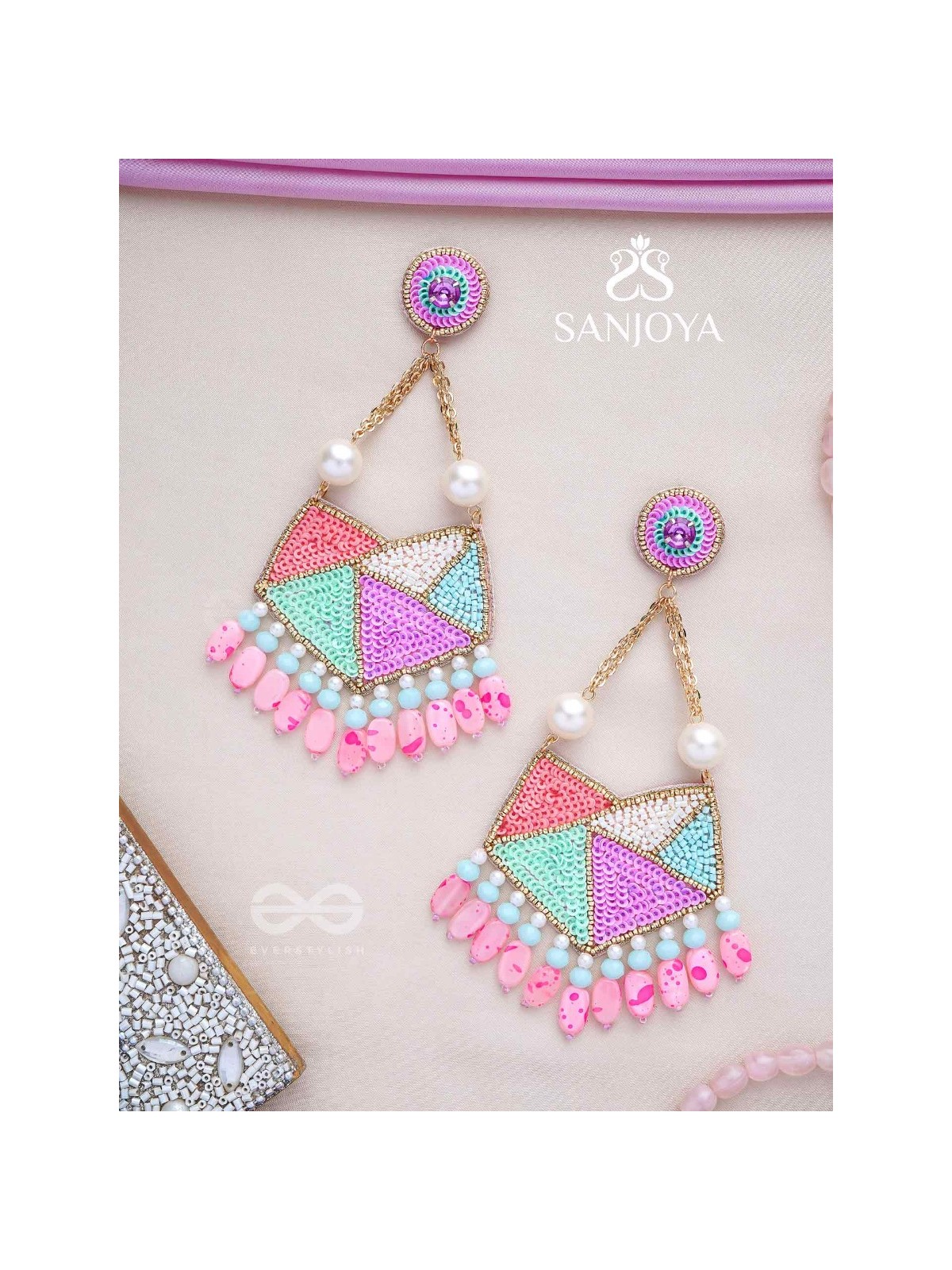 Ashmant - The Vibrant Meadow - Cutdana, Beads And Sequins Hand Embroidered Earrings