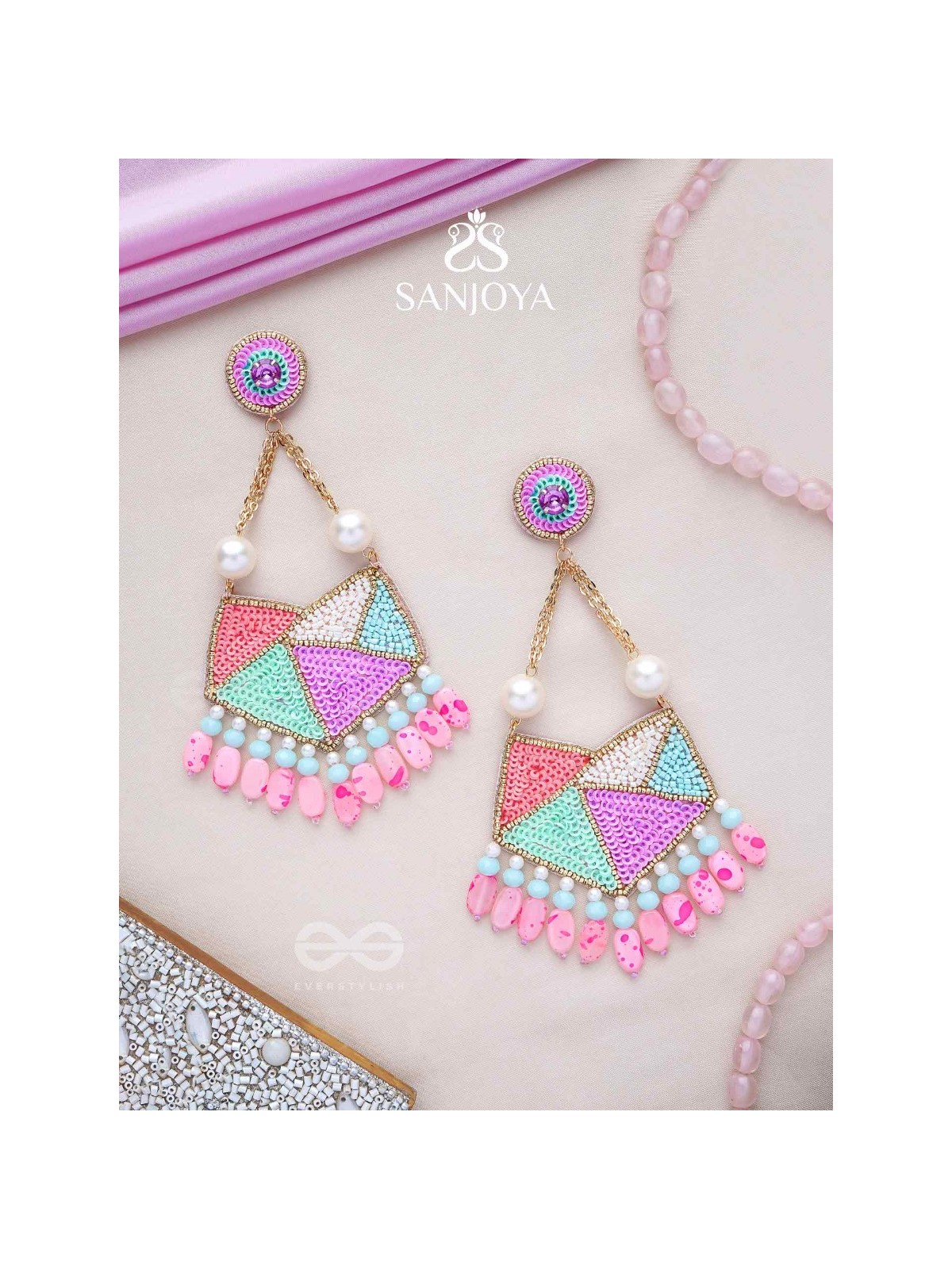 Ashmant - The Vibrant Meadow - Cutdana, Beads And Sequins Hand Embroidered Earrings