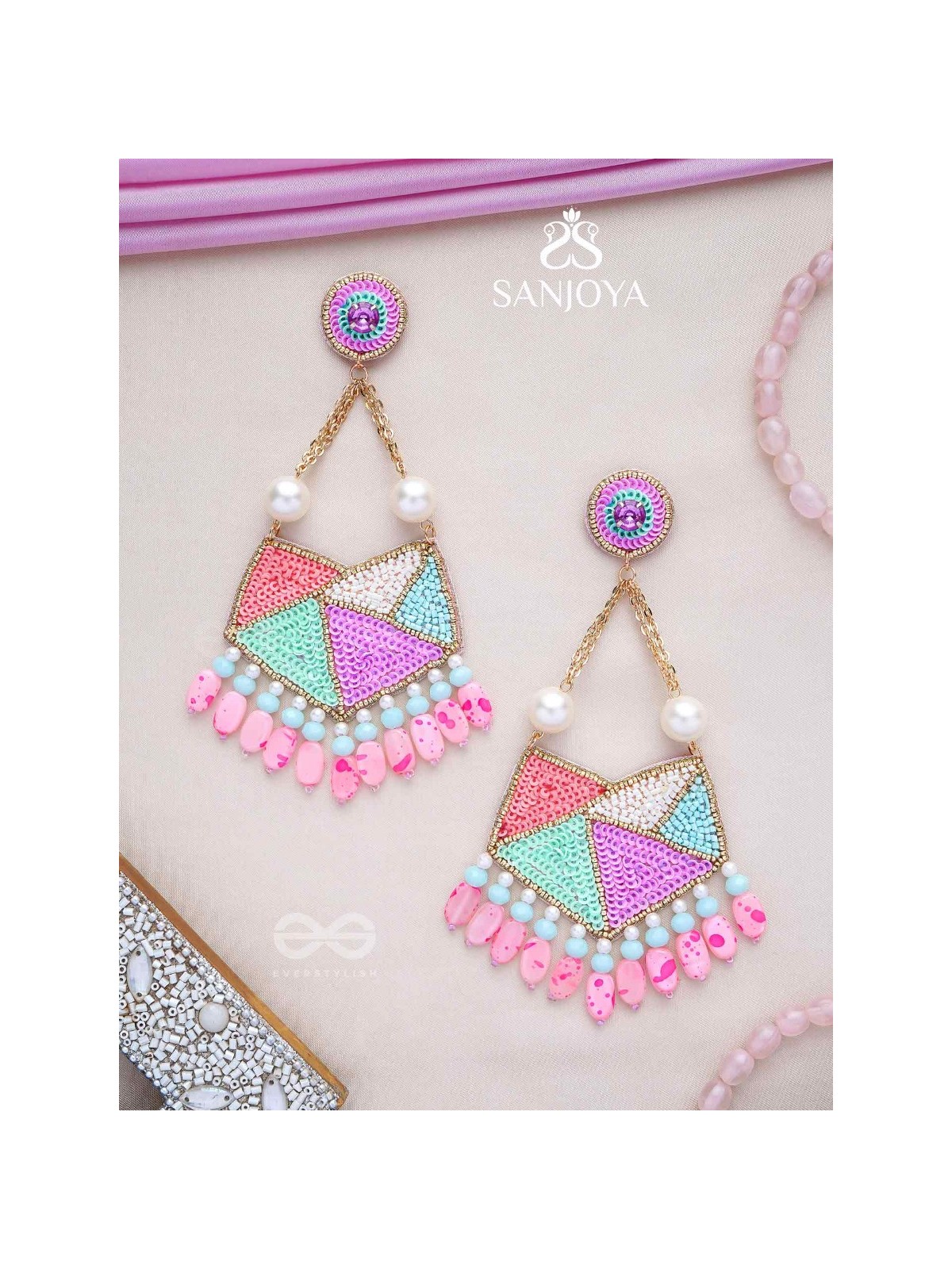 Ashmant - The Vibrant Meadow - Cutdana, Beads And Sequins Hand Embroidered Earrings