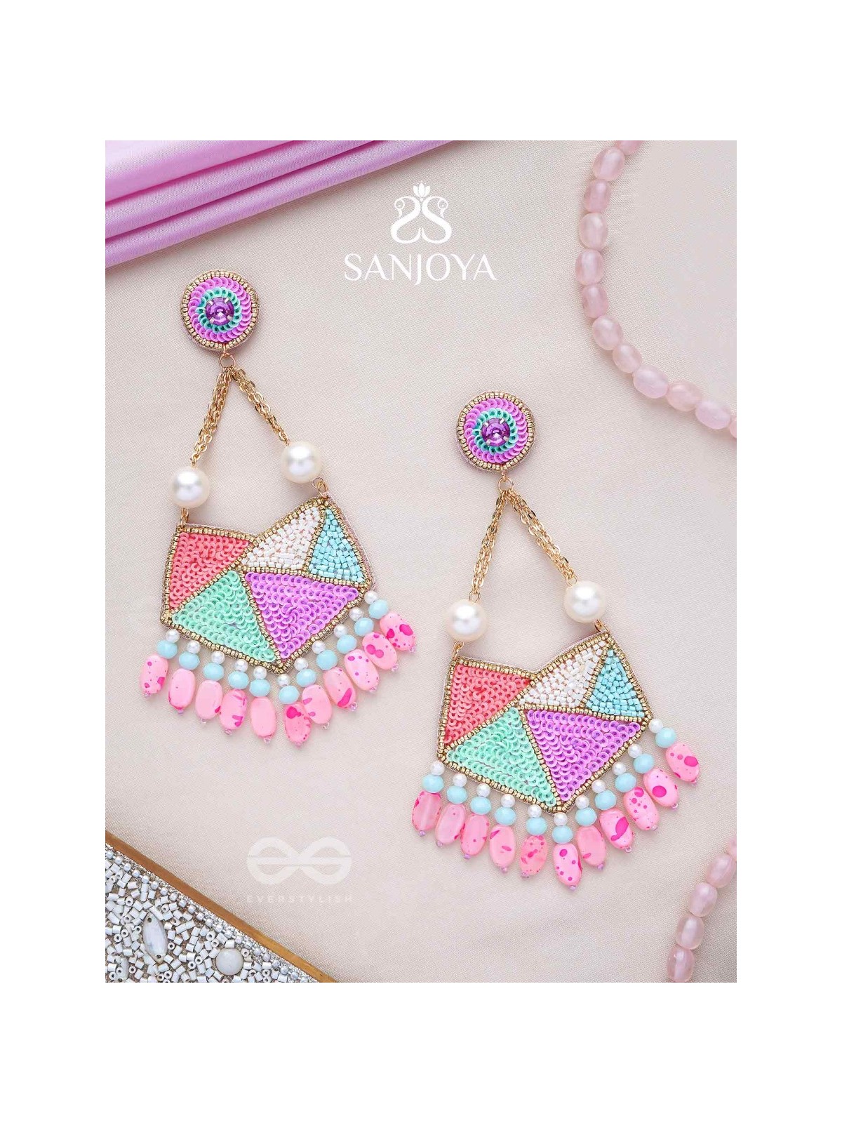 Ashmant - The Vibrant Meadow - Cutdana, Beads And Sequins Hand Embroidered Earrings