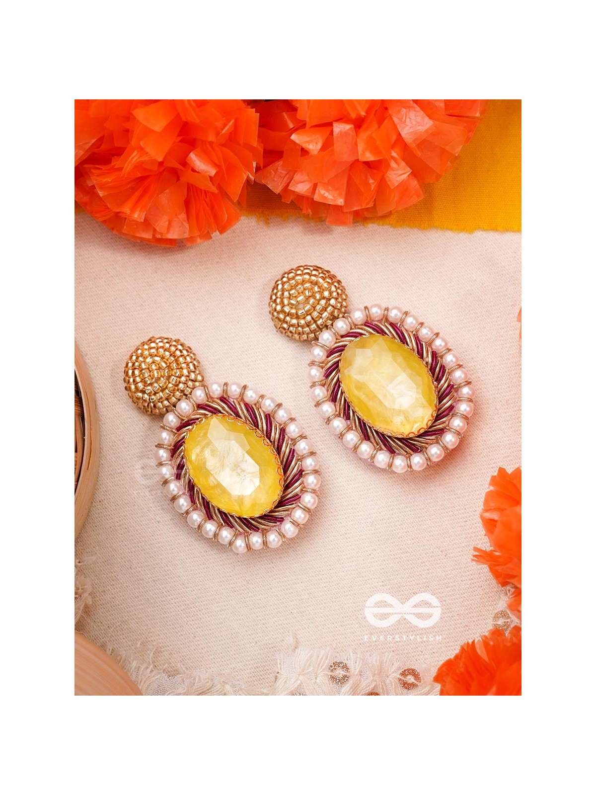 Kapisa - The Glorious Sun - Beads, Dabka And Stones Hand Embroidered Earrings