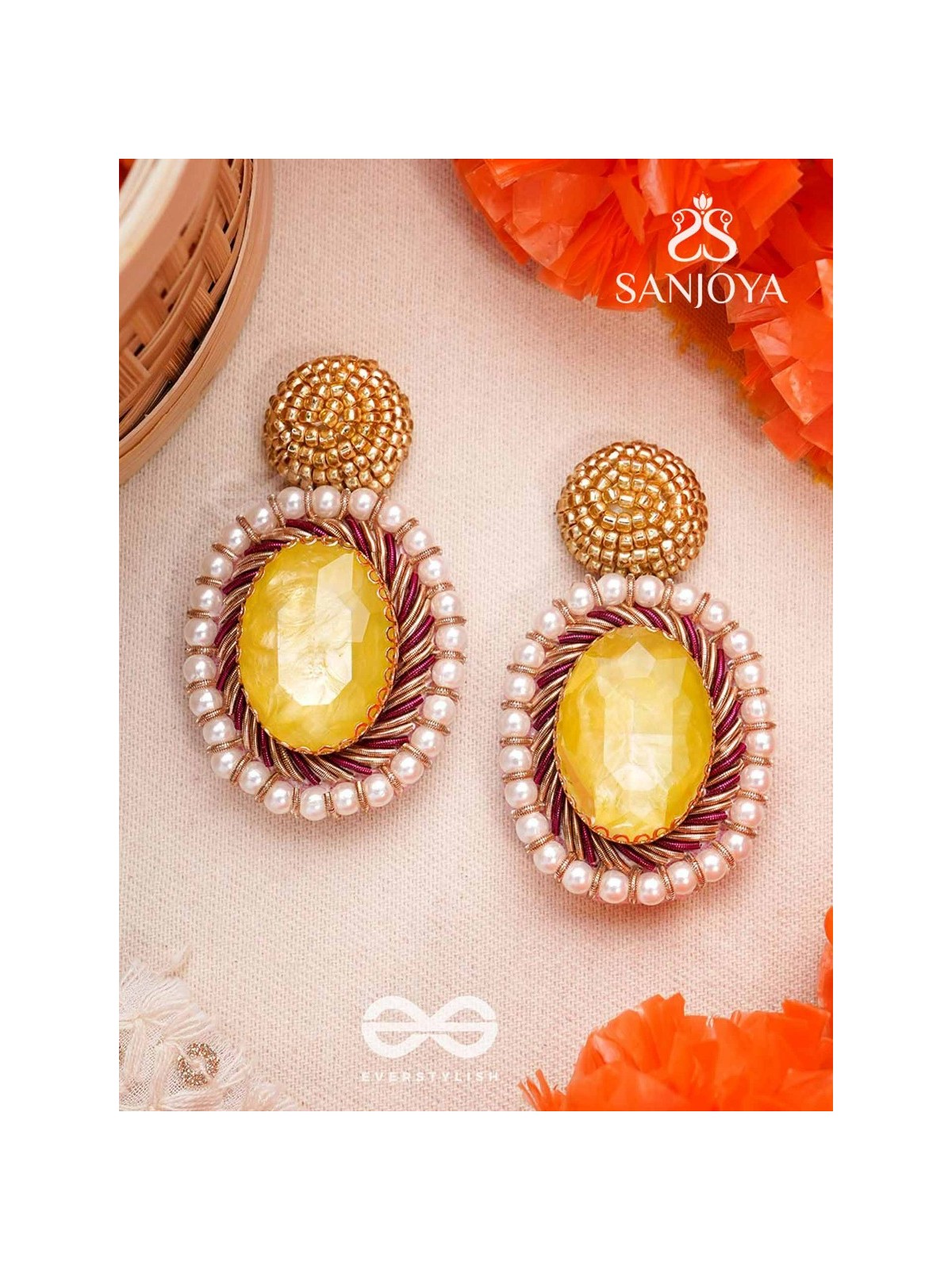 Kapisa - The Glorious Sun - Beads, Dabka And Stones Hand Embroidered Earrings