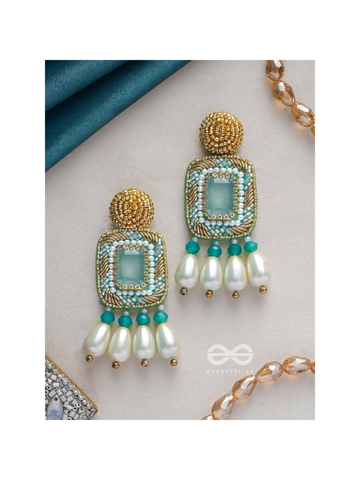 Mandara- The Lucent Mirror - Stones and Pearl Drops Embroidered Earrings
