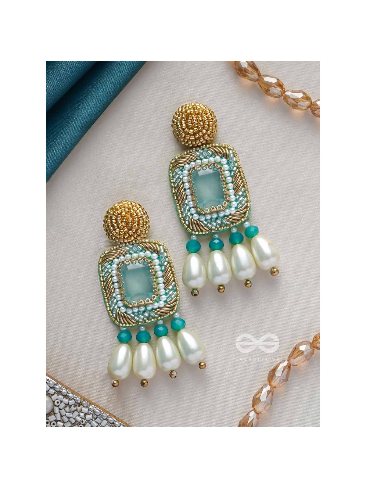 Mandara- The Lucent Mirror - Stones and Pearl Drops Embroidered Earrings