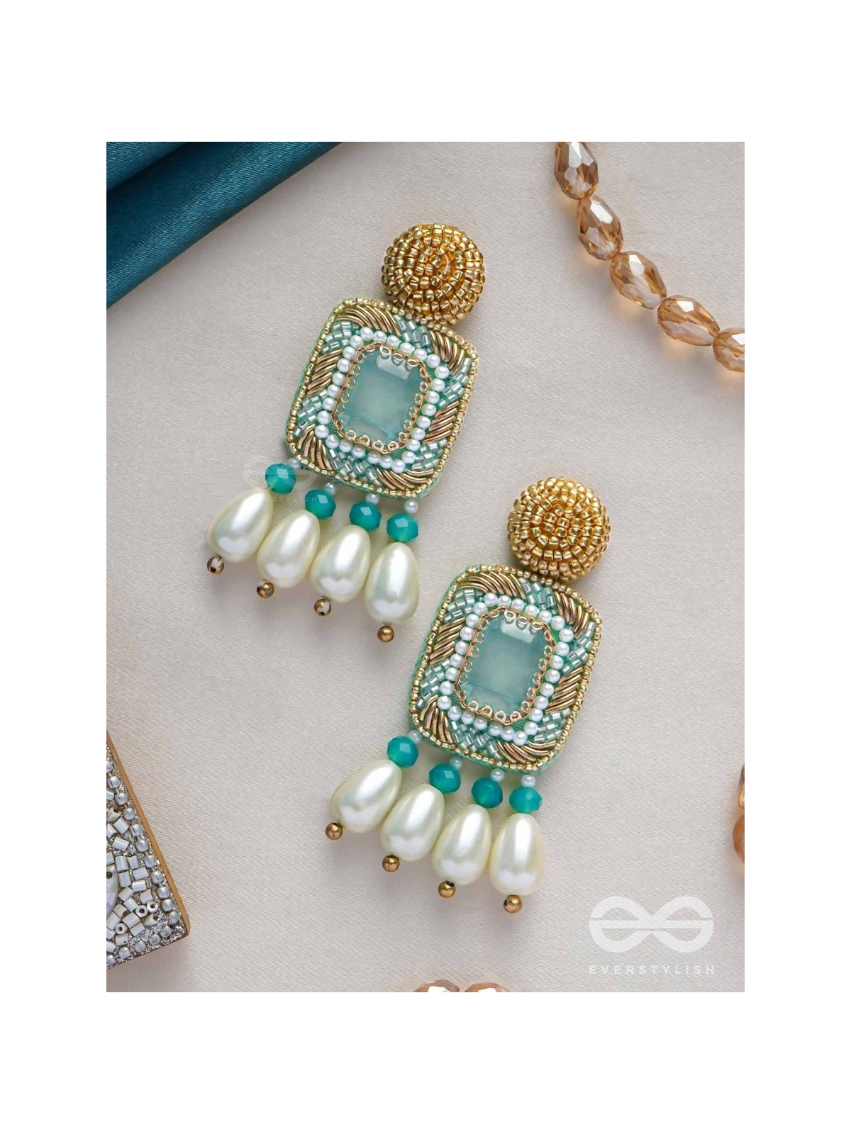 Mandara- The Lucent Mirror - Stones and Pearl Drops Embroidered Earrings