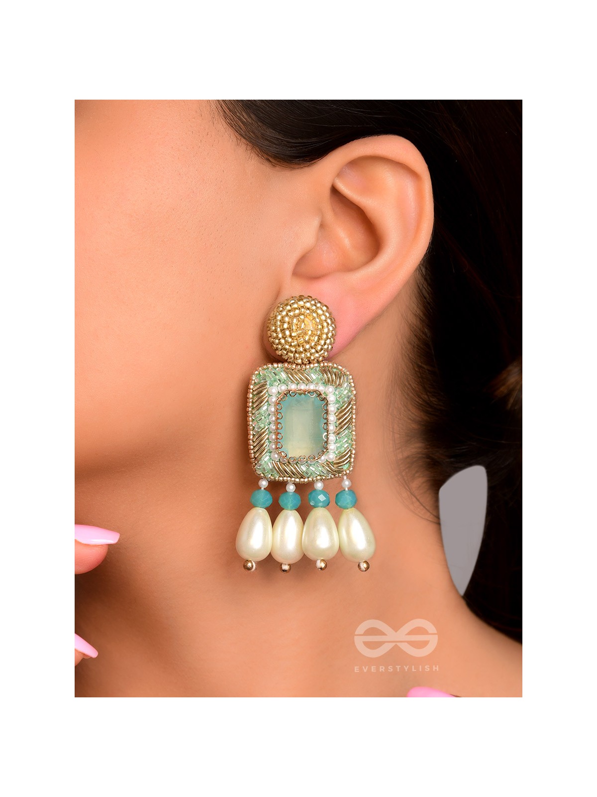 Mandara- The Lucent Mirror - Stones and Pearl Drops Embroidered Earrings