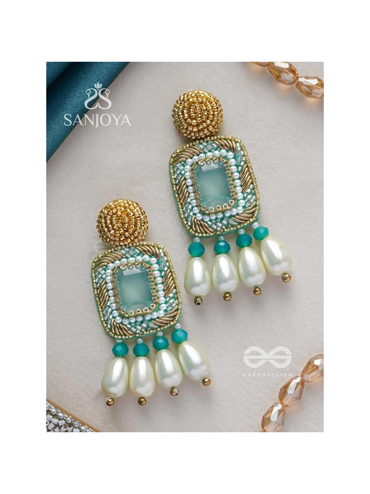 Mandara- The Lucent Mirror - Stones and Pearl Drops Embroidered Earrings