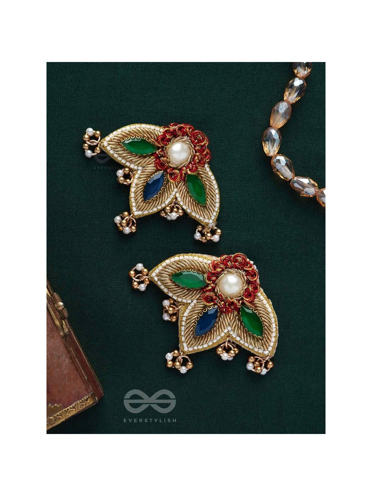 Kaaravi- The Lush Leaf- Resham, Pearls and Stones Embroidered Earrings