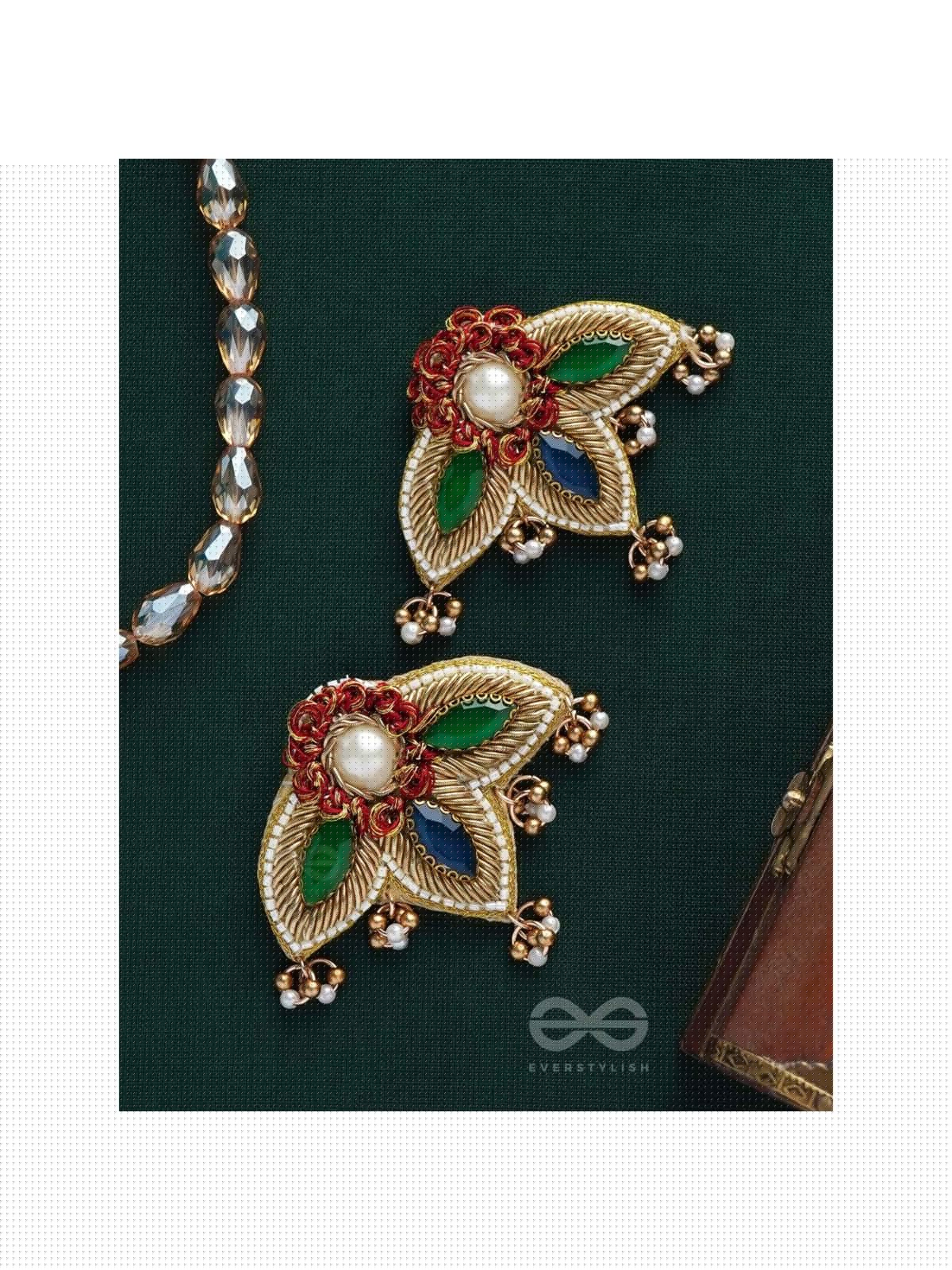 Kaaravi- The Lush Leaf- Resham, Pearls and Stones Embroidered Earrings