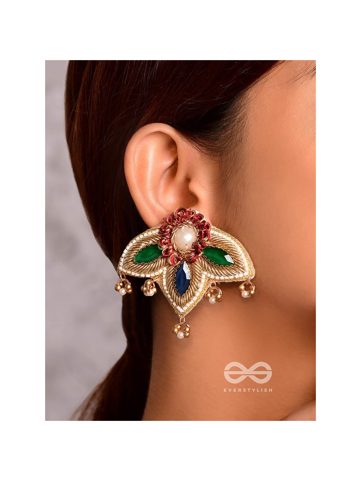 Kaaravi- The Lush Leaf- Resham, Pearls and Stones Embroidered Earrings