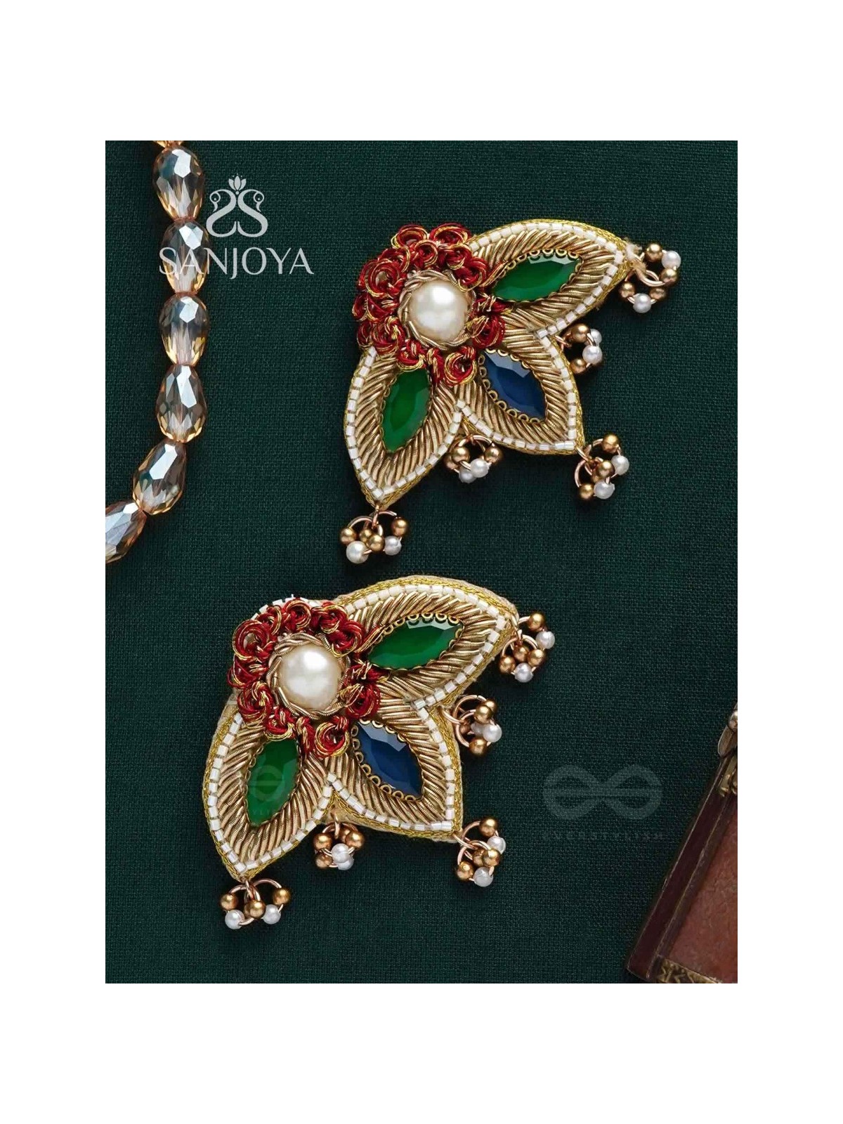 Kaaravi- The Lush Leaf- Resham, Pearls and Stones Embroidered Earrings