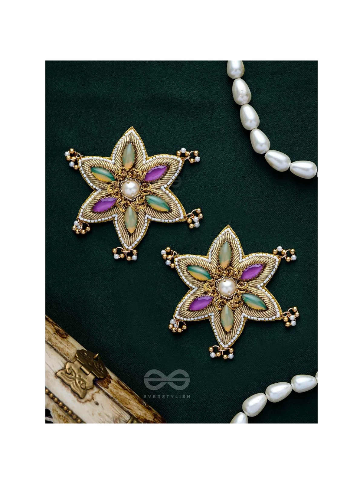 Kuvalya- The Colorful Bloom- Pearls and Stones Embroidered Earrings