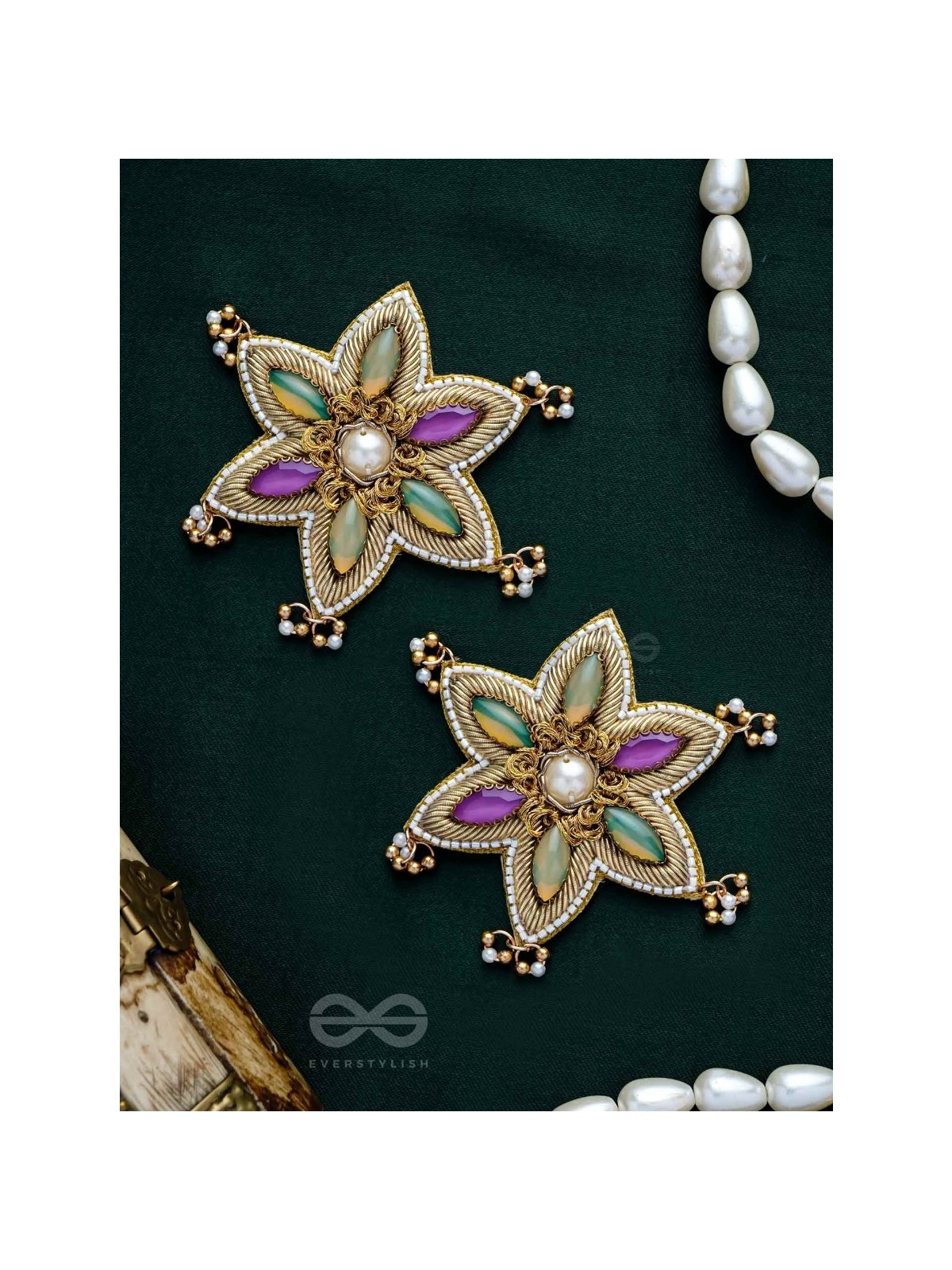 Kuvalya- The Colorful Bloom- Pearls and Stones Embroidered Earrings
