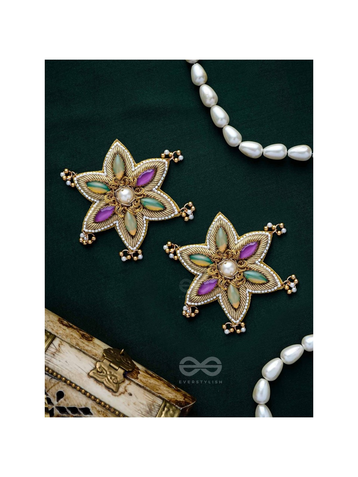 Kuvalya- The Colorful Bloom- Pearls and Stones Embroidered Earrings