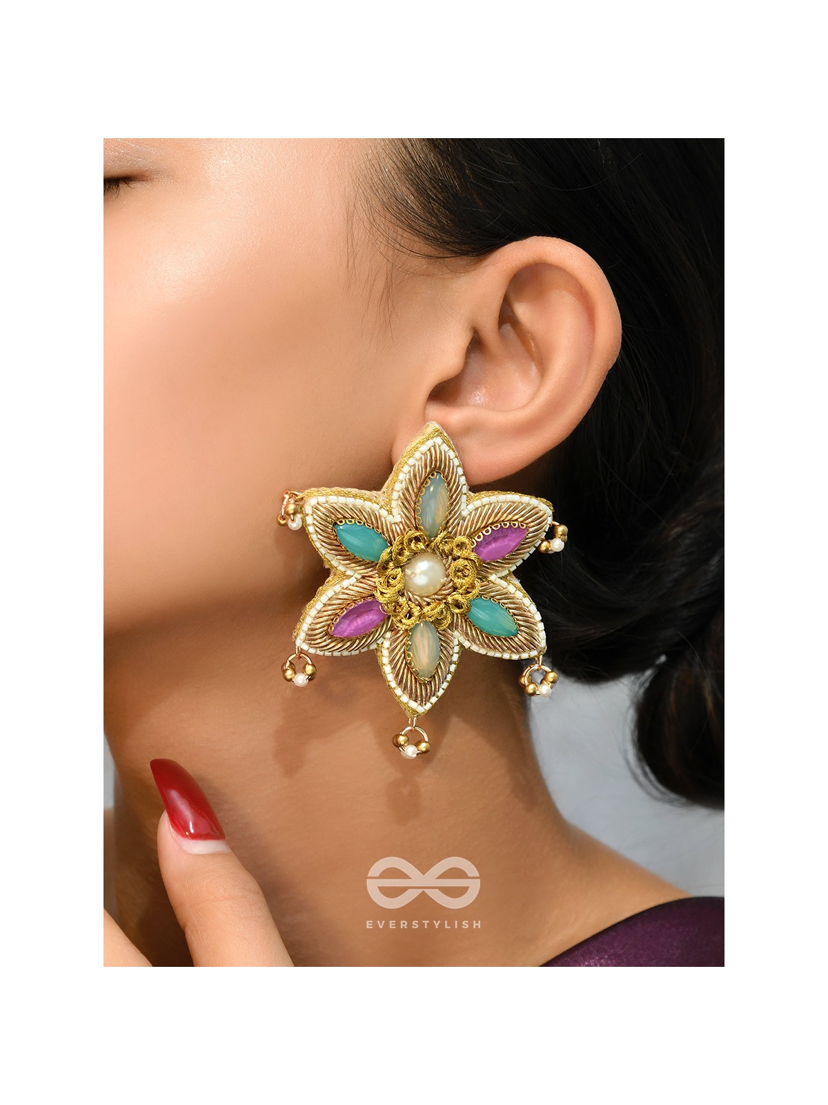 Kuvalya- The Colorful Bloom- Pearls and Stones Embroidered Earrings