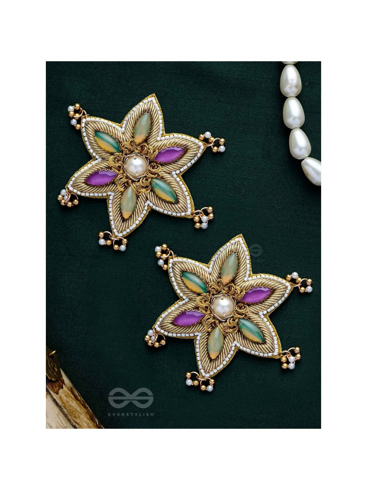 Kuvalya- The Colorful Bloom- Pearls and Stones Embroidered Earrings