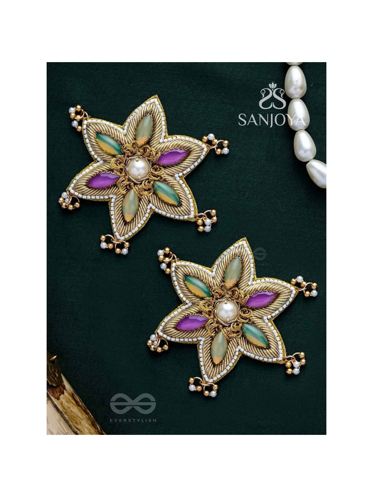 Kuvalya- The Colorful Bloom- Pearls and Stones Embroidered Earrings