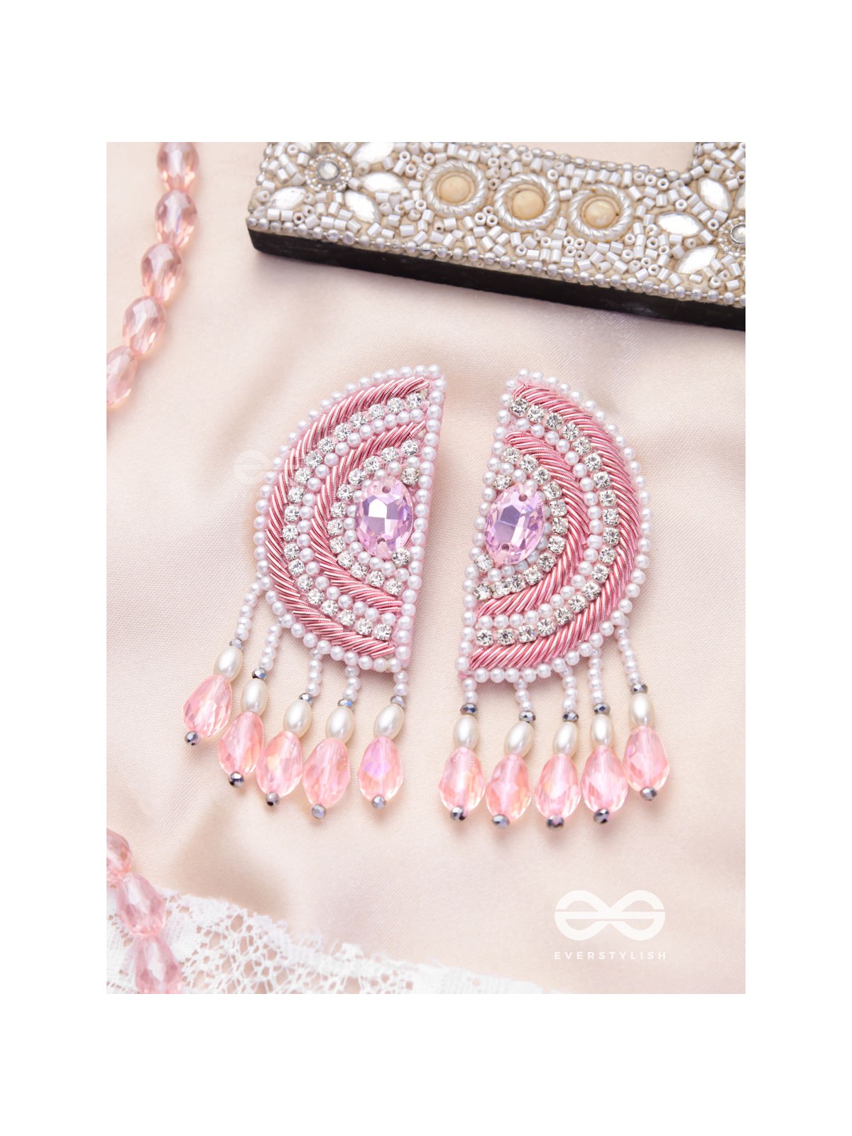 Suvana- The Pink Moon- Pearls and Stones Embroidered Earrings