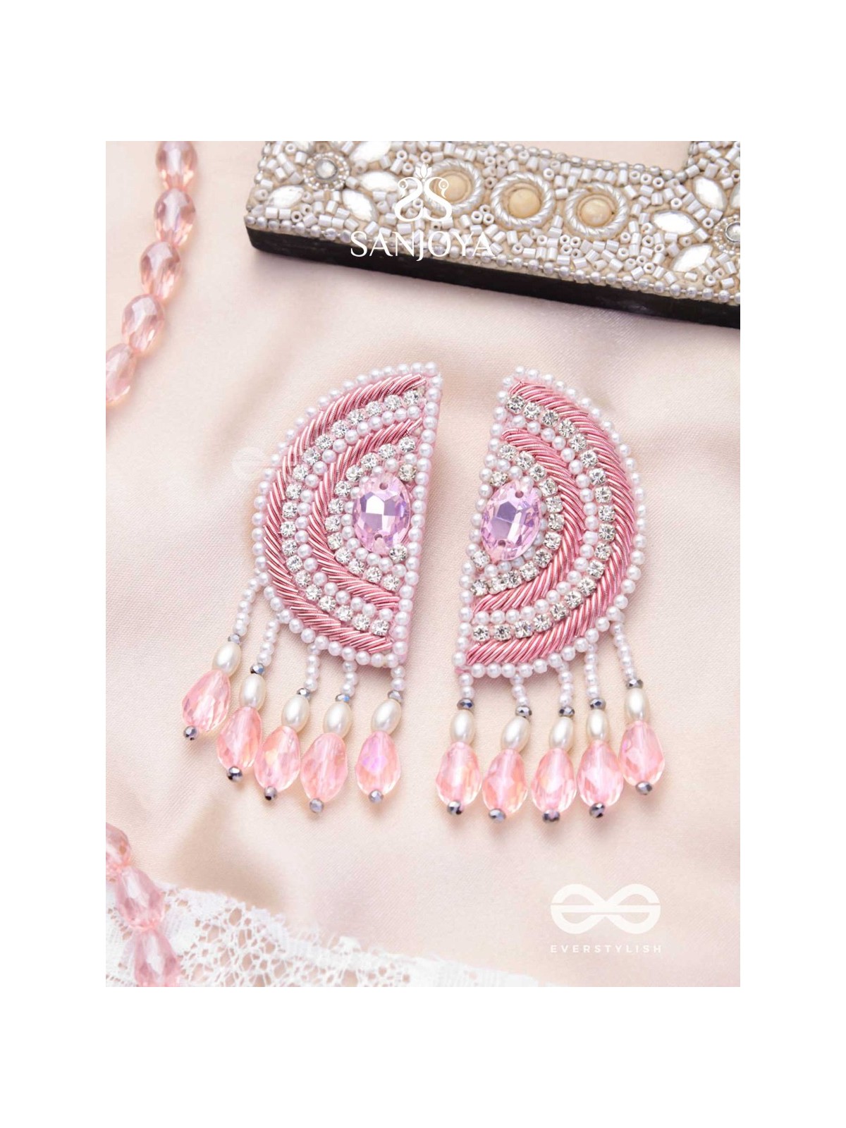 Suvana- The Pink Moon- Pearls and Stones Embroidered Earrings