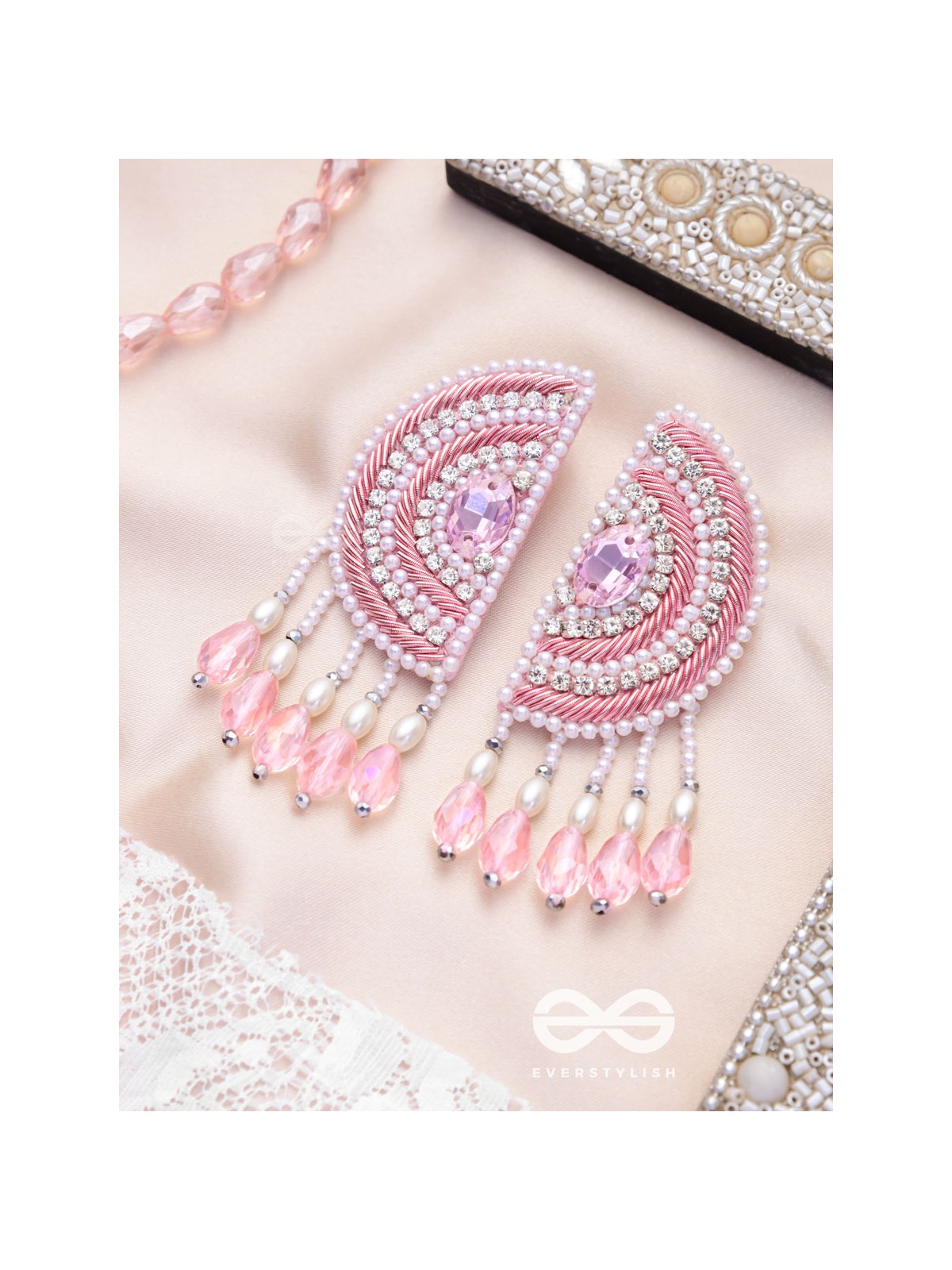 Suvana- The Pink Moon- Pearls and Stones Embroidered Earrings