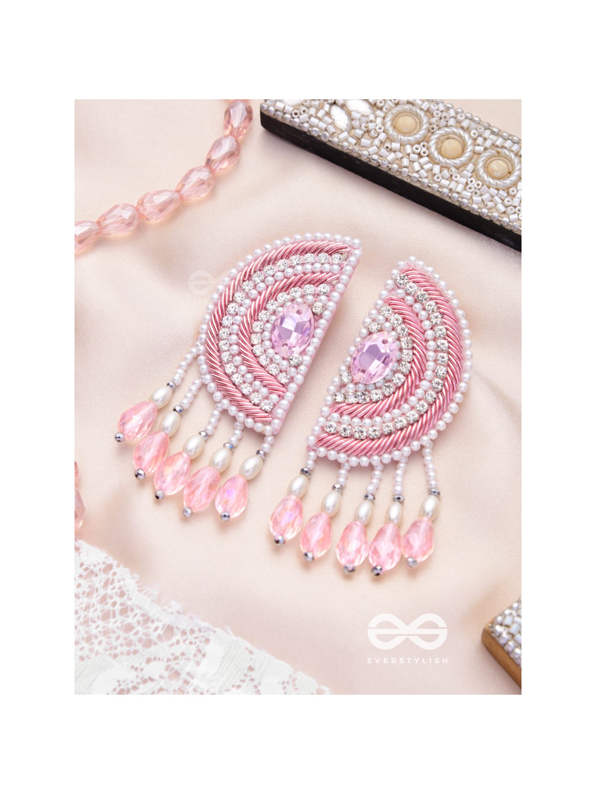Suvana- The Pink Moon- Pearls and Stones Embroidered Earrings