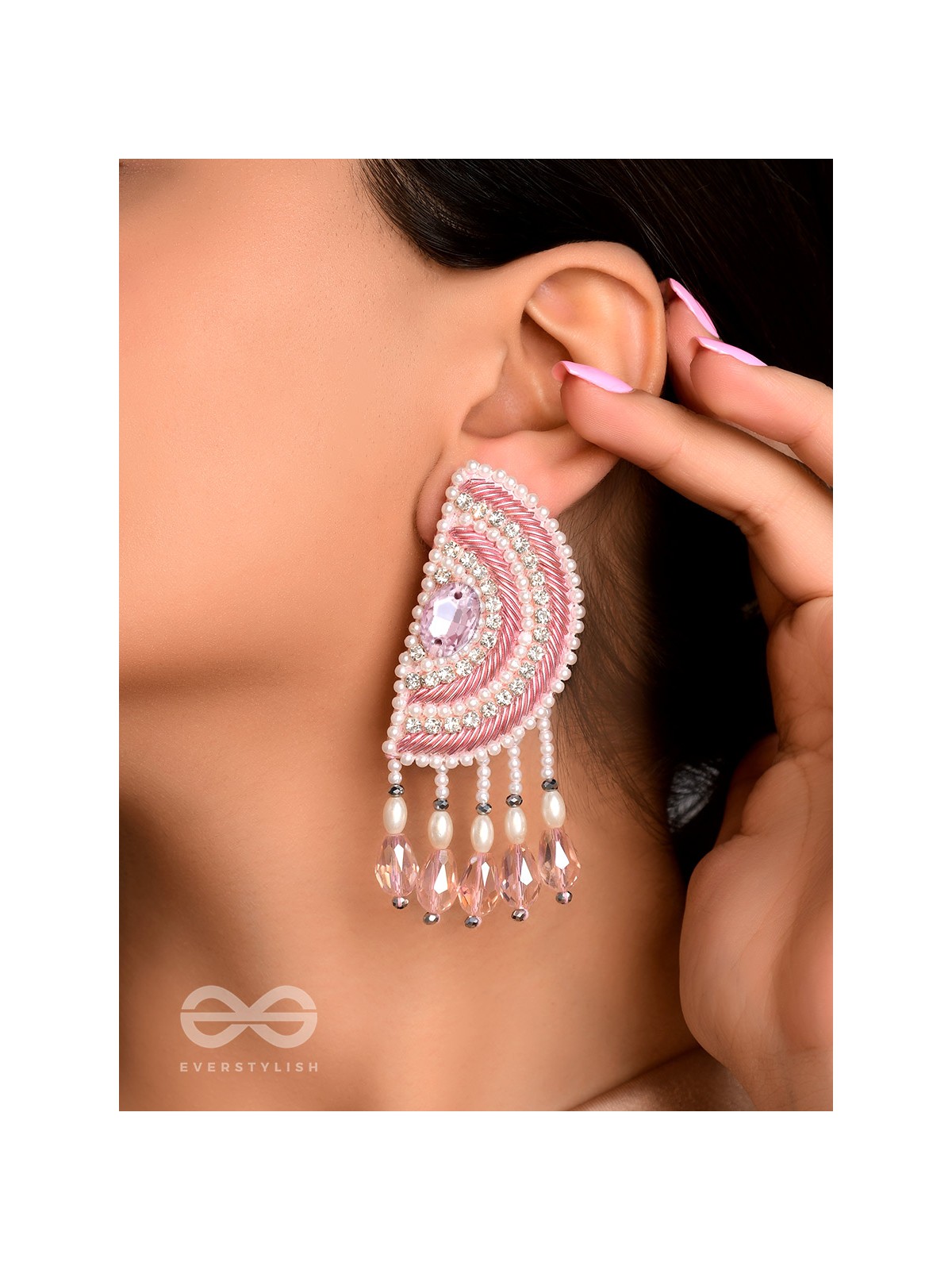 Suvana- The Pink Moon- Pearls and Stones Embroidered Earrings
