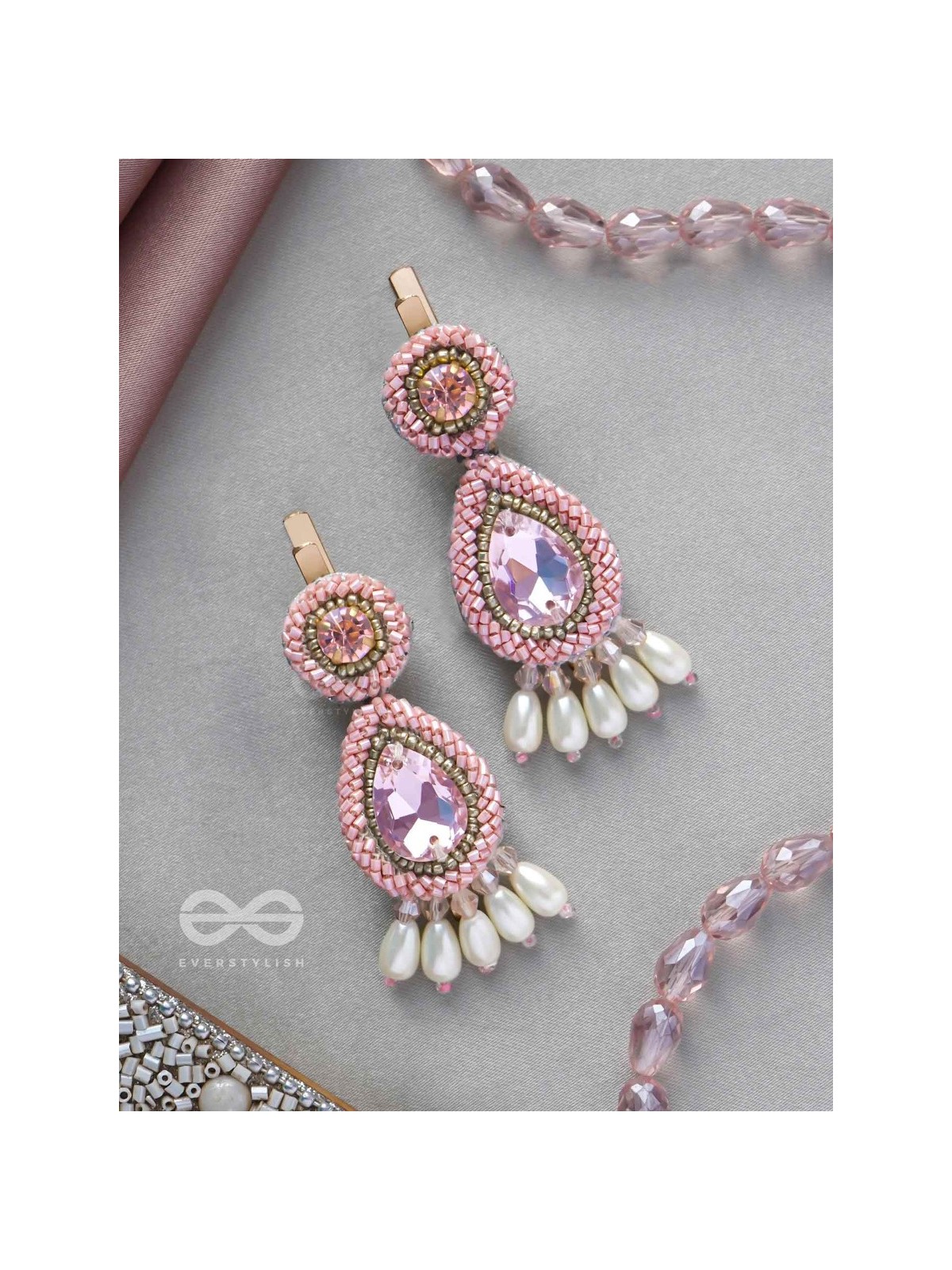 Aarakta- The Pink Beauty- Pearls and Stones Embroidered Hair Clips