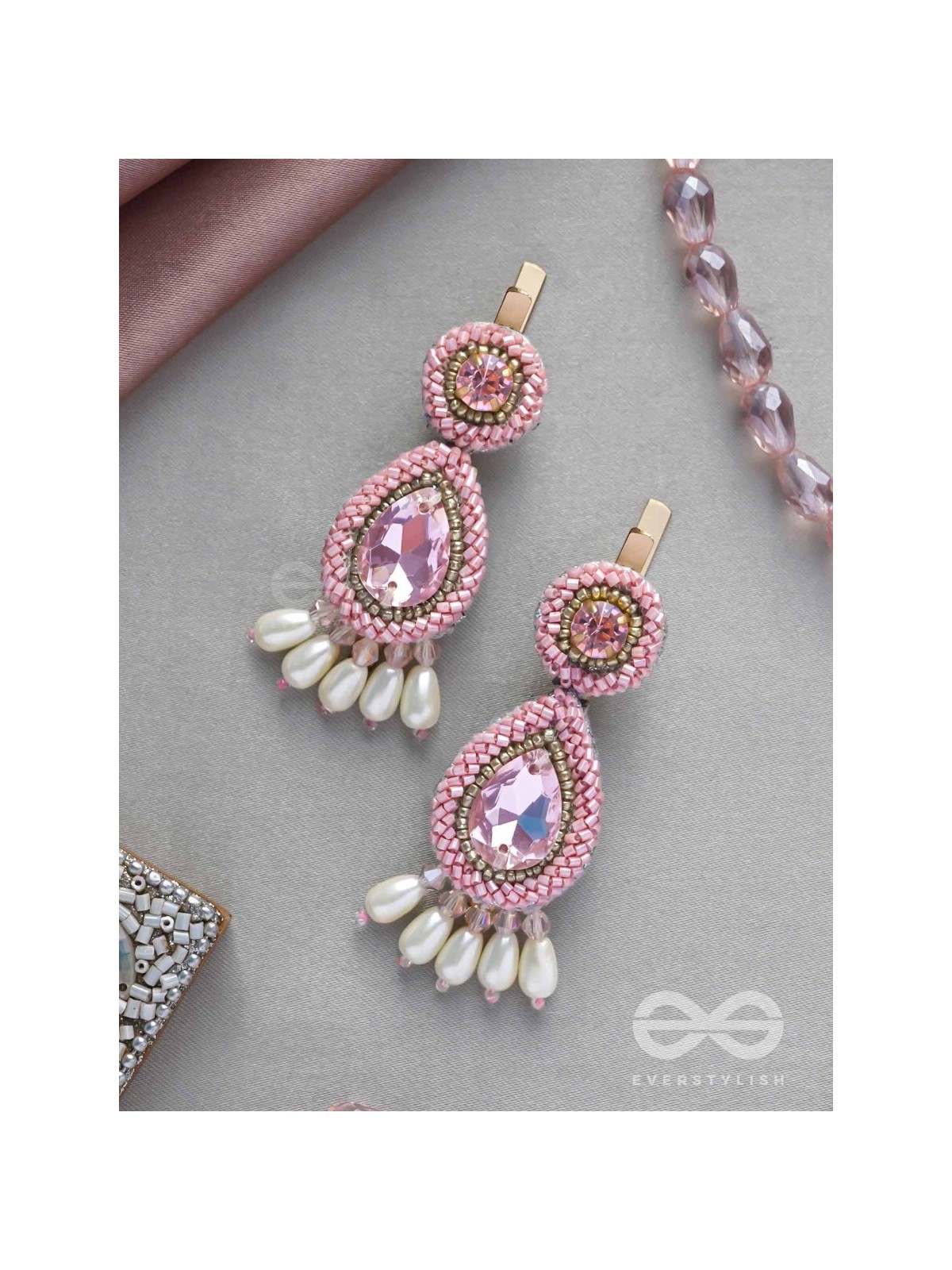 Aarakta- The Pink Beauty- Pearls and Stones Embroidered Hair Clips