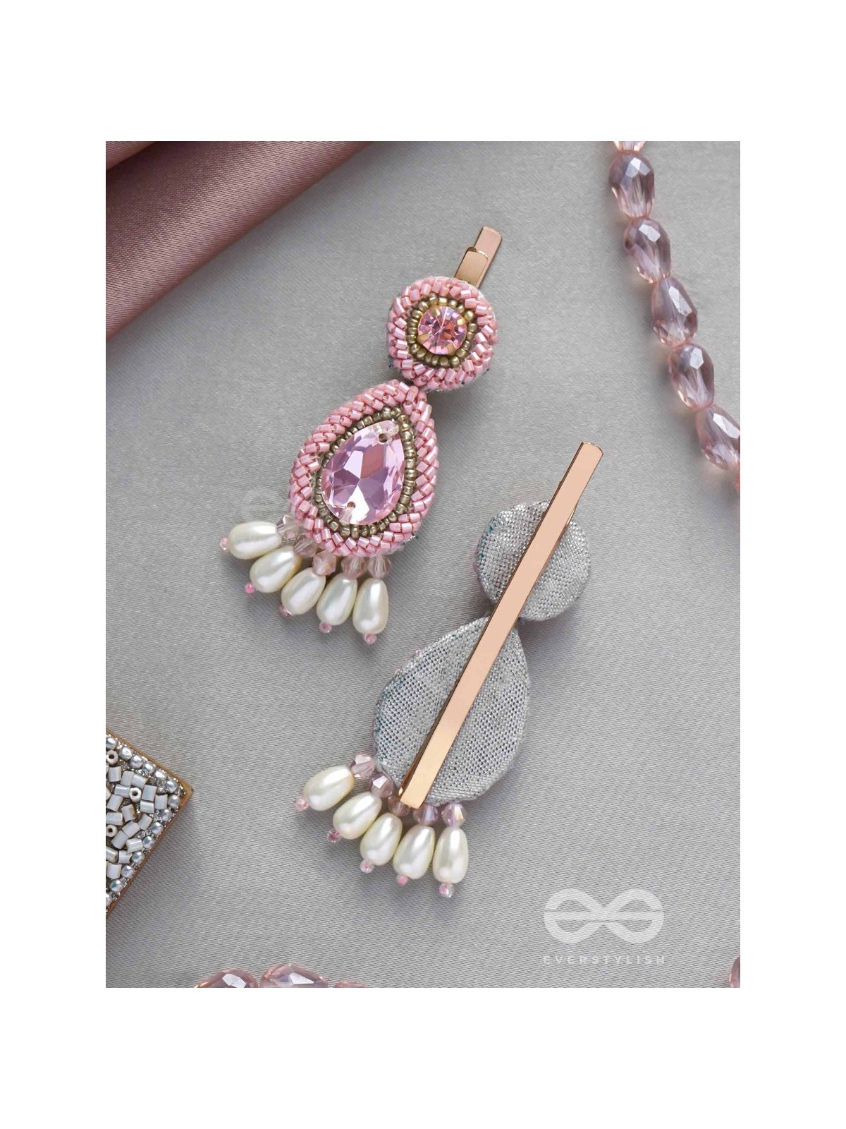 Aarakta- The Pink Beauty- Pearls and Stones Embroidered Hair Clips