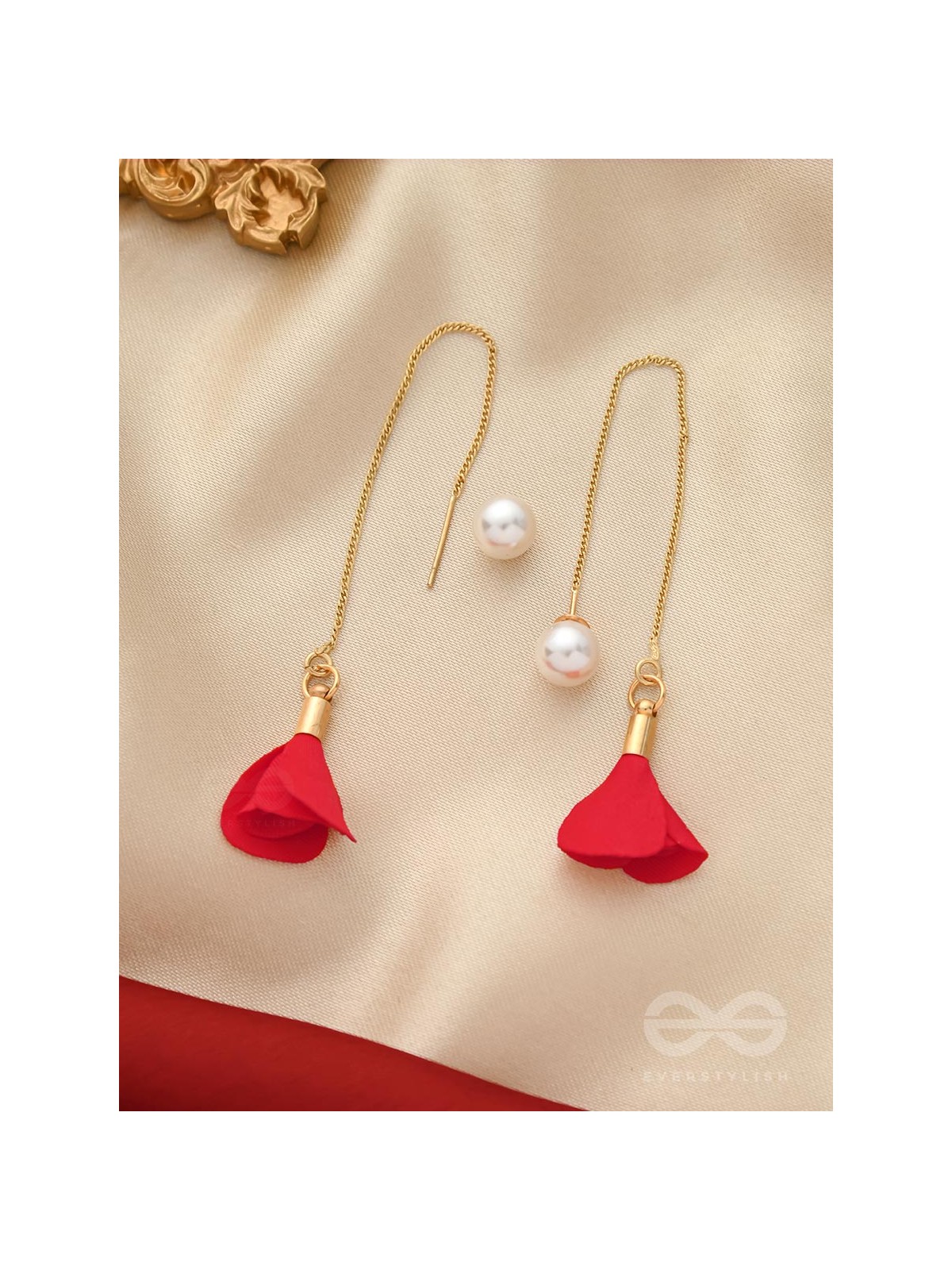 HANGING IN BALANCE PEARL AND FLOWERS NEEDLE EARRINGS- RED