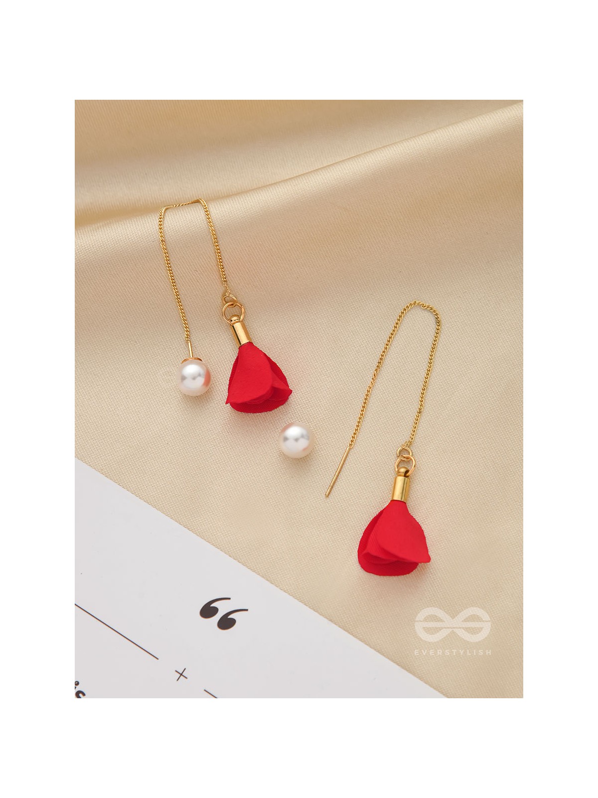 HANGING IN BALANCE PEARL AND FLOWERS NEEDLE EARRINGS- RED