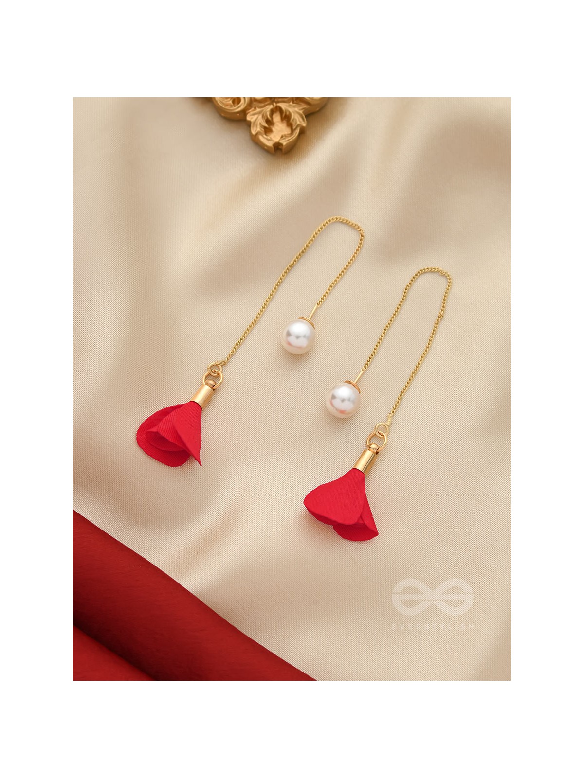 HANGING IN BALANCE PEARL AND FLOWERS NEEDLE EARRINGS- RED